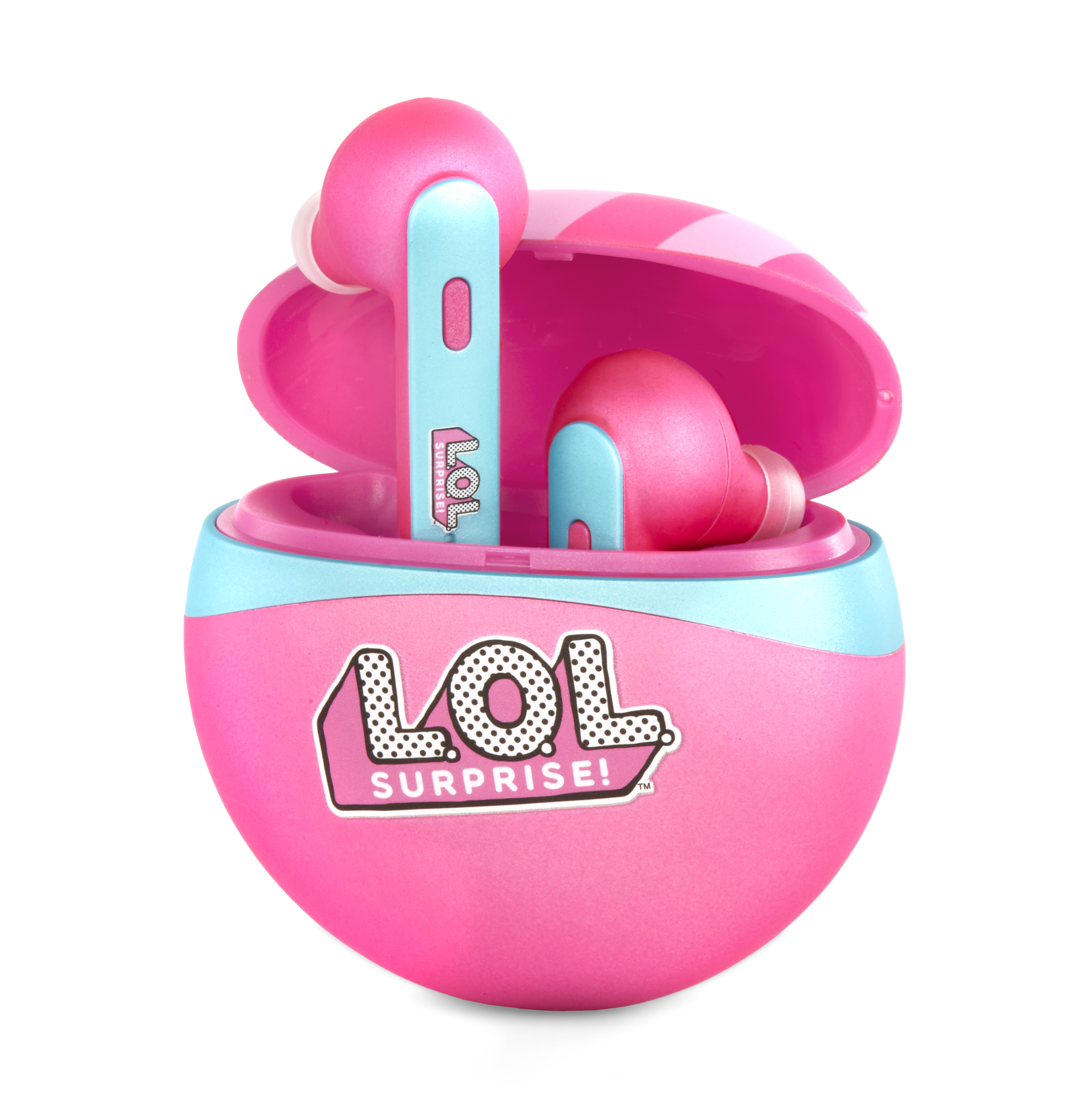 Auricolari LOL Surprise rosa e blu all'interno di una custodia di ricarica rosa e blu a forma di uovo, con il logo.