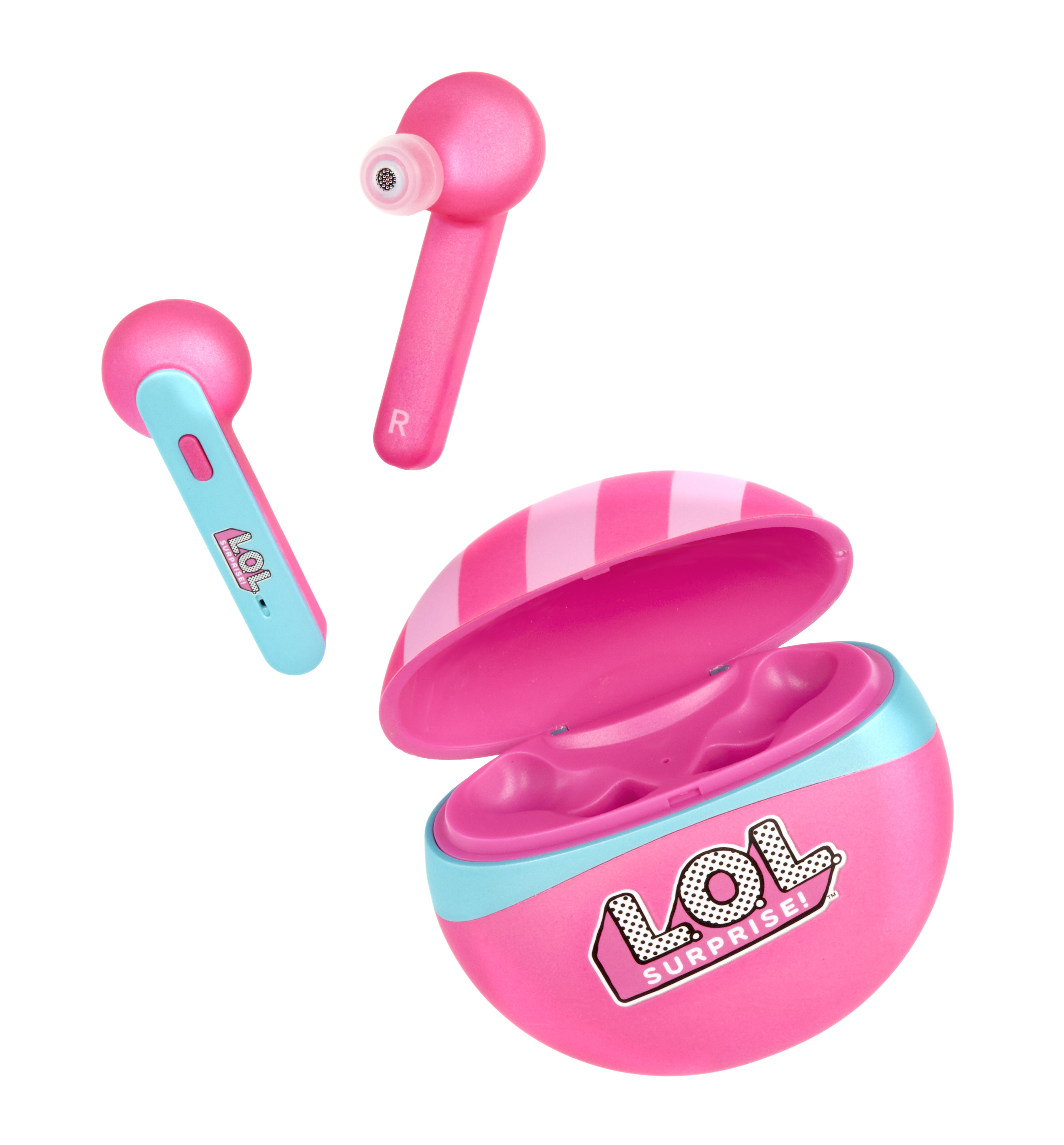 Auricolari e custodia di ricarica LOL Surprise a forma di uovo rosa e blu. Gli auricolari sono rosa e blu.