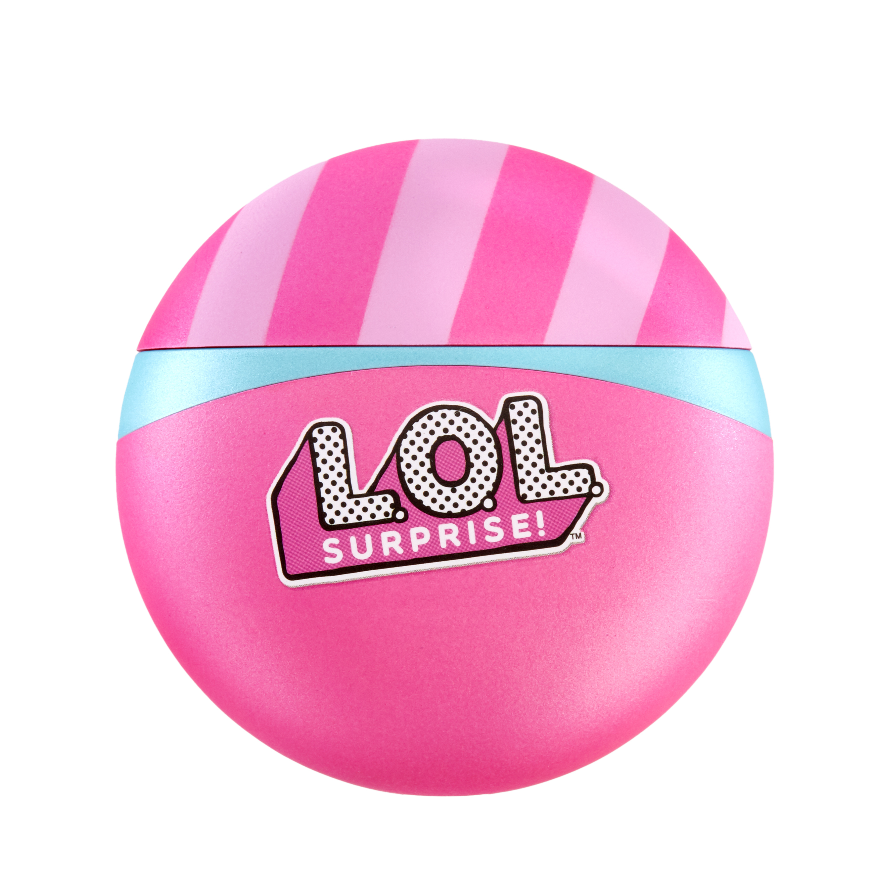 Palla rosa LOL Surprise con parte superiore a strisce rosa e blu e logo LOL Surprise.