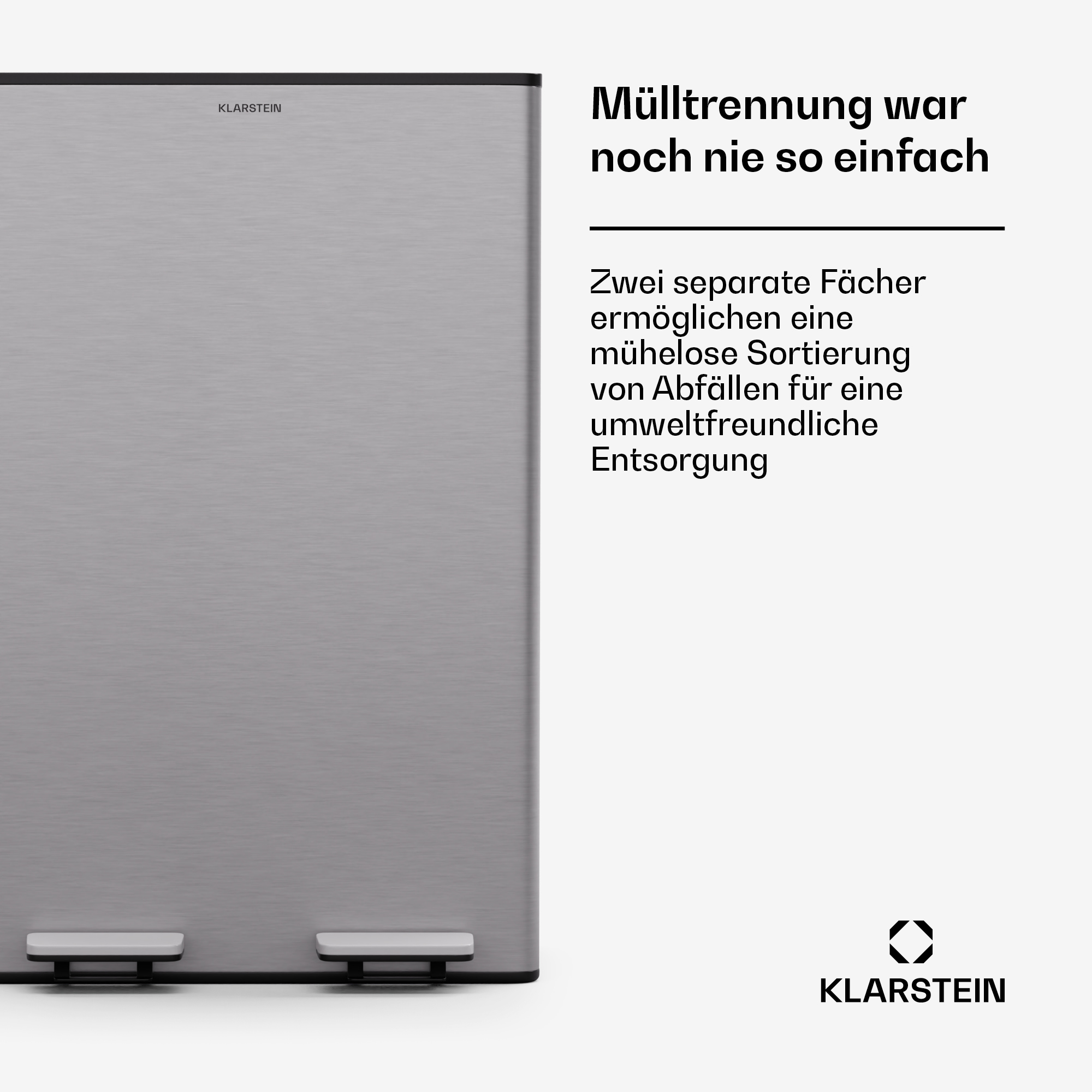 Ein doppelter Mülleimer. Es zeigt die Vorderseite des Mülleimers. Text auf dem Bild. Das Logo der Marke ist sichtbar.