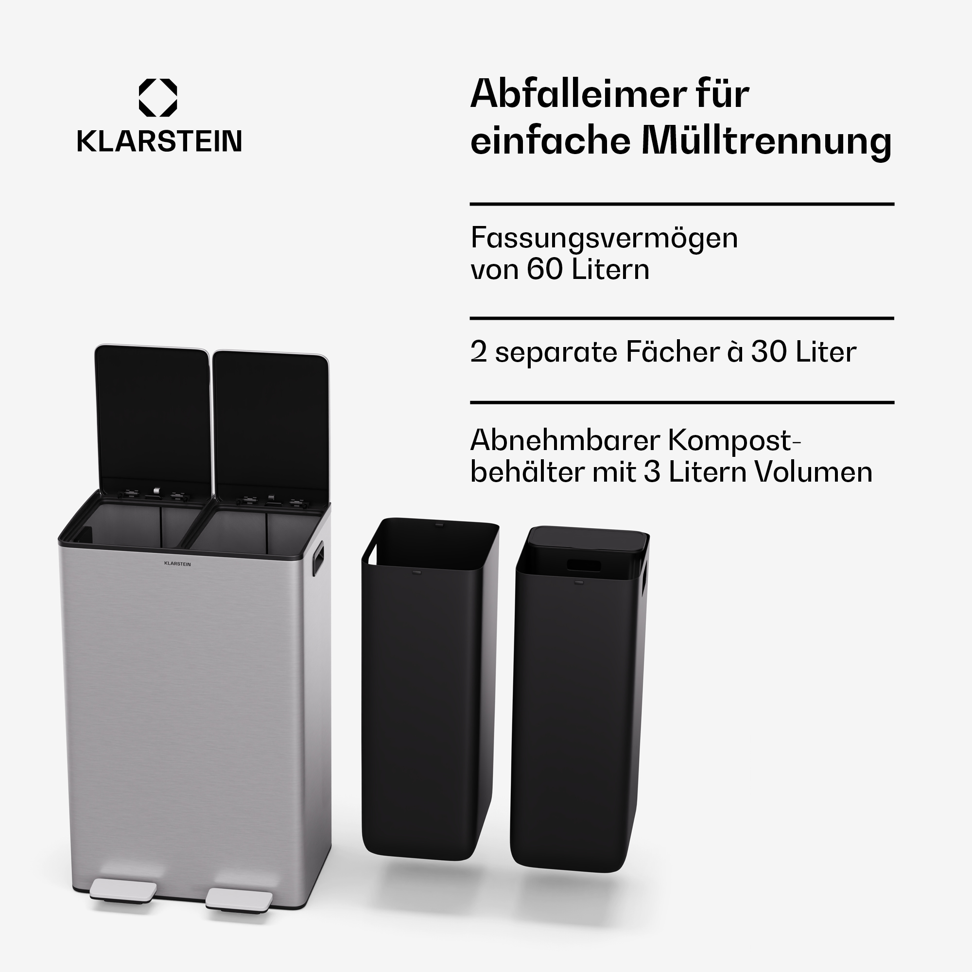 Ein Bild eines Doppel-Mülleimers. Er hat zwei separate Fächer mit Deckeln. Der Text auf dem Bild.