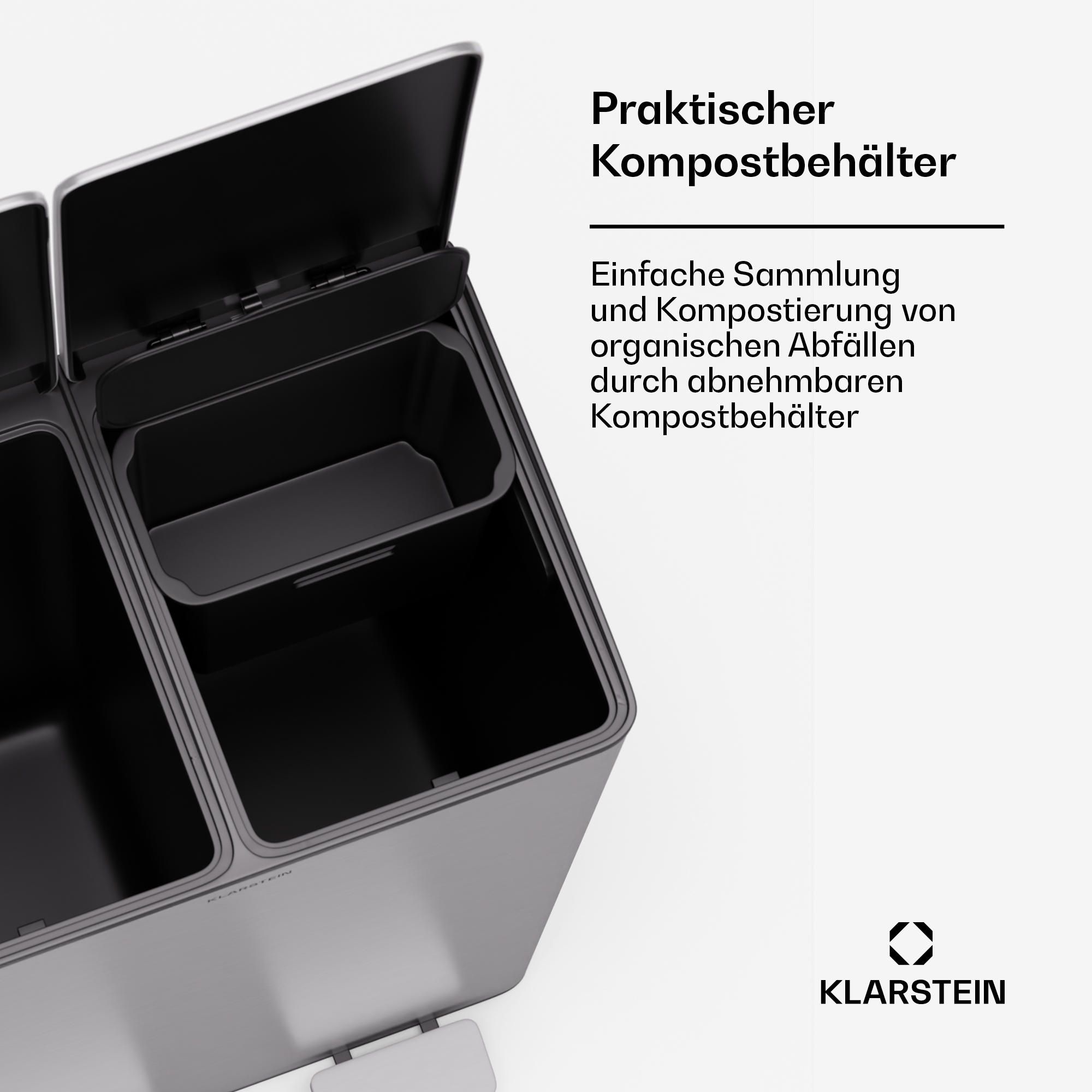 Das Bild zeigt eine Nahaufnahme eines Doppel-Mülleimers mit offenem Deckel. Die Innenbehälter sind sichtbar.