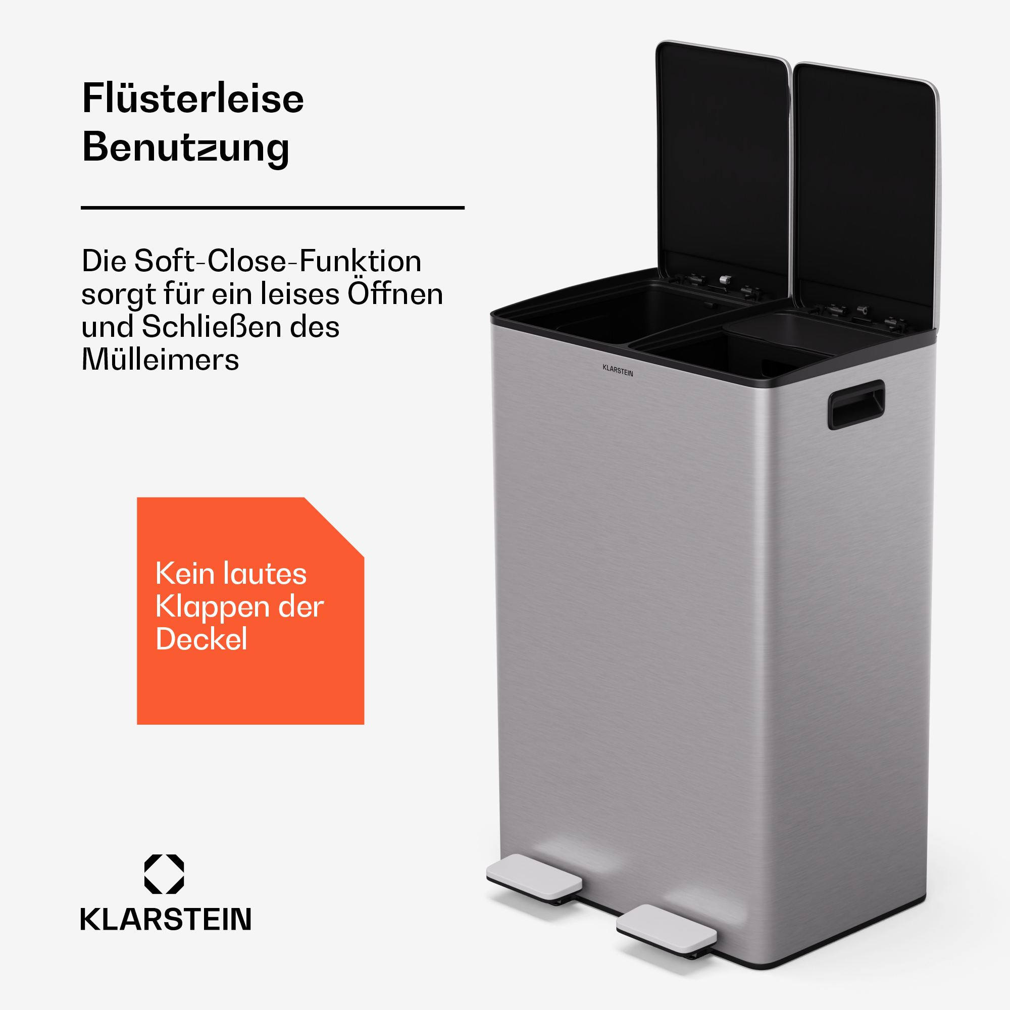 Ein Doppel-Mülleimer mit geöffnetem Deckel. Das Bild zeigt einen Text über die Soft-Close-Funktion des Deckels.