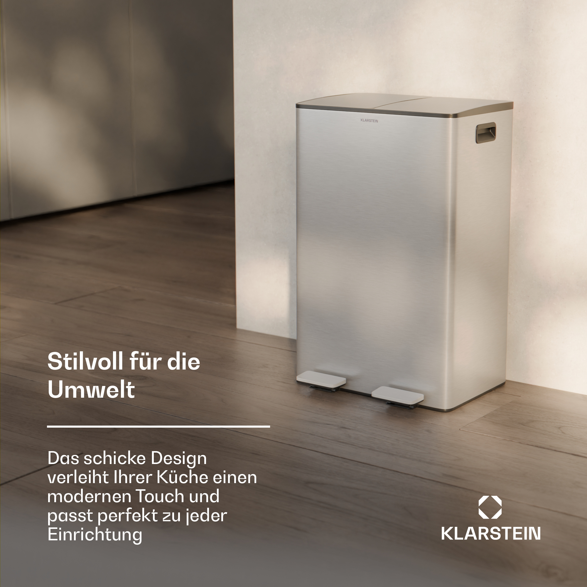 Edelstahl-Mülleimer mit zwei Fächern und Fußpedalen, Text erwähnt modernes Design für die Küche.