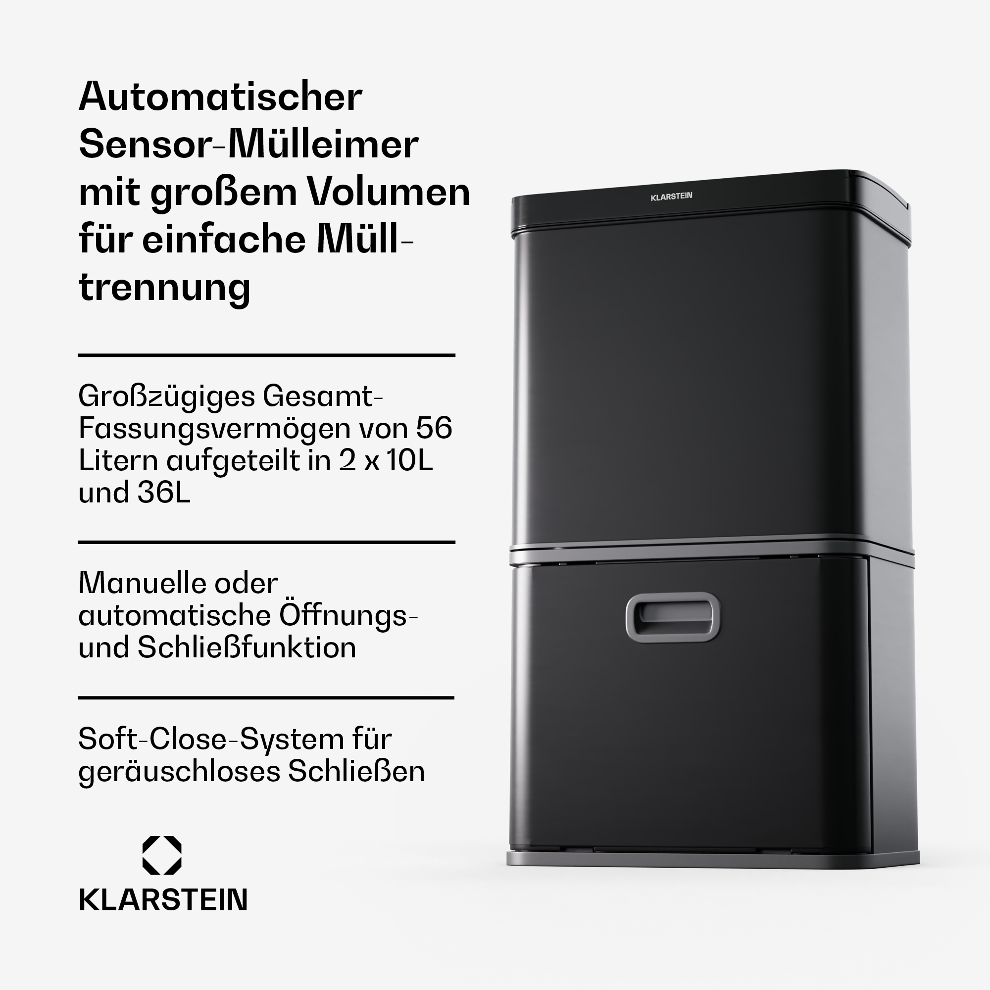 Schwarzer Doppel-Mülleimer mit Text, der Merkmale wie große Kapazität, separate Fächer und Soft-Close beschreibt.