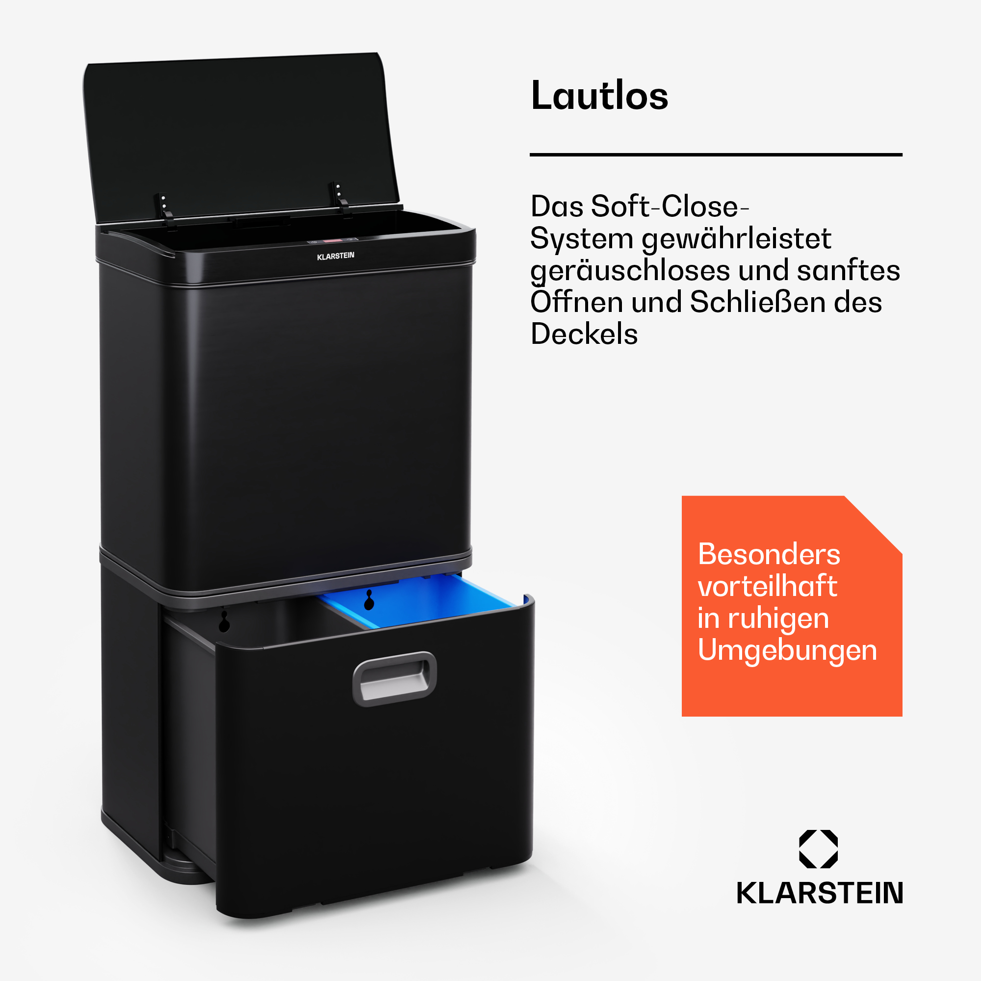 Ein schwarzer Mülleimer mit zwei Fächern und einer ausziehbaren Schublade. Der Markenname 'KLARSTEIN' ist sichtbar.