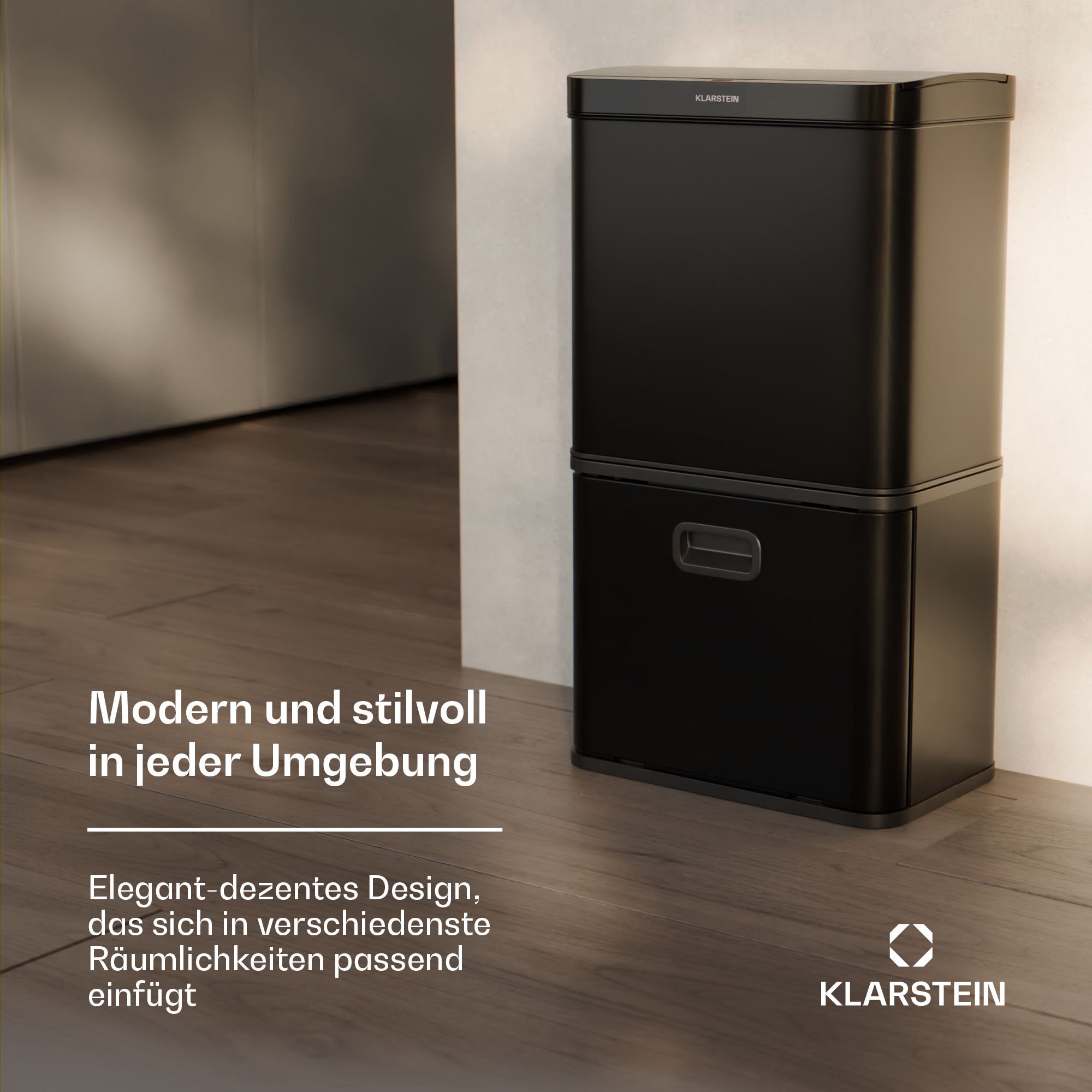 Schwarzer Doppel-Mülleimer in einem Raum, Text hebt modernes und stilvolles Design hervor, das in jede Umgebung passt.