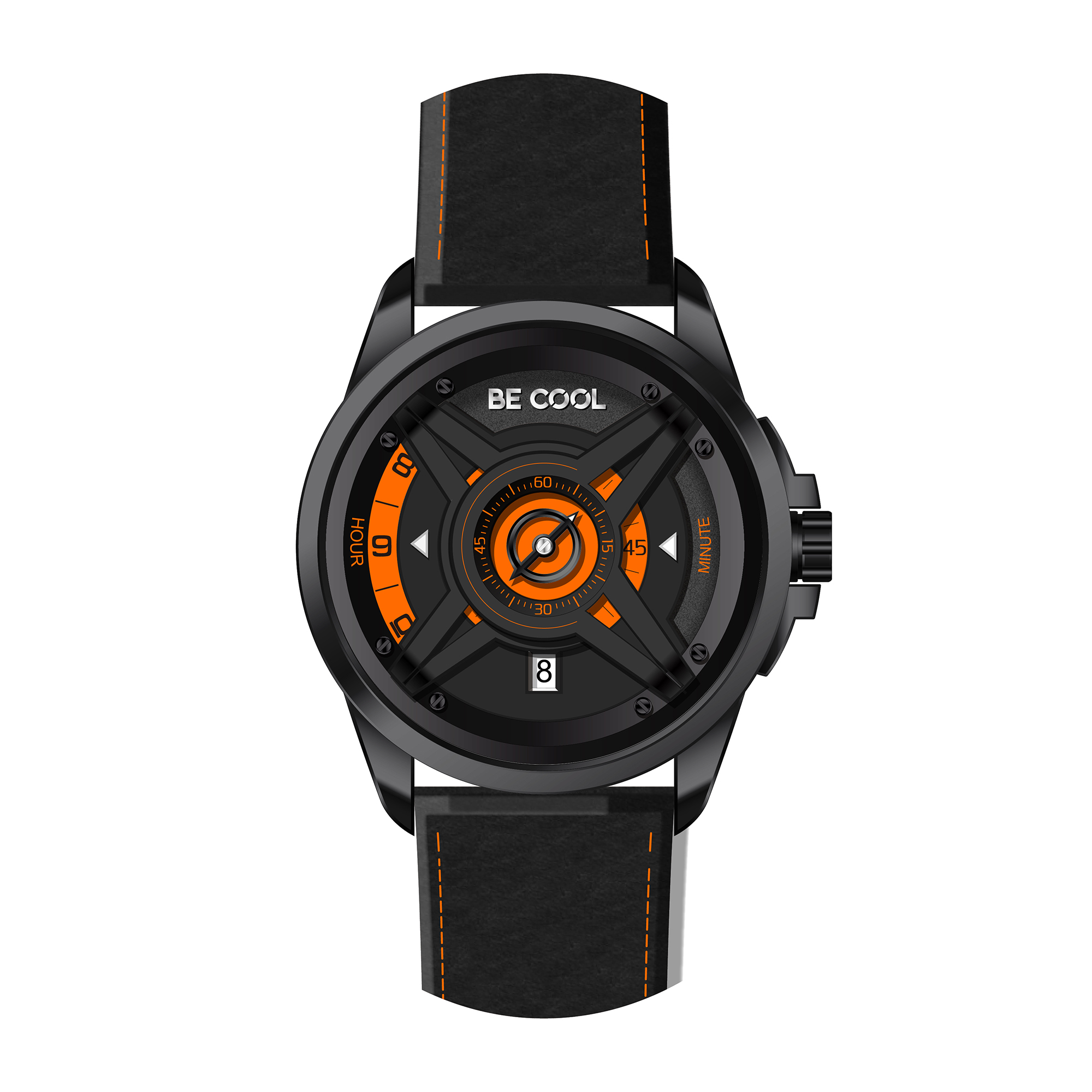 Schwarze Uhr mit orangefarbenen Akzenten und schwarzem Armband. Zifferblatt mit Zahlen und Minutenmarkierungen.
