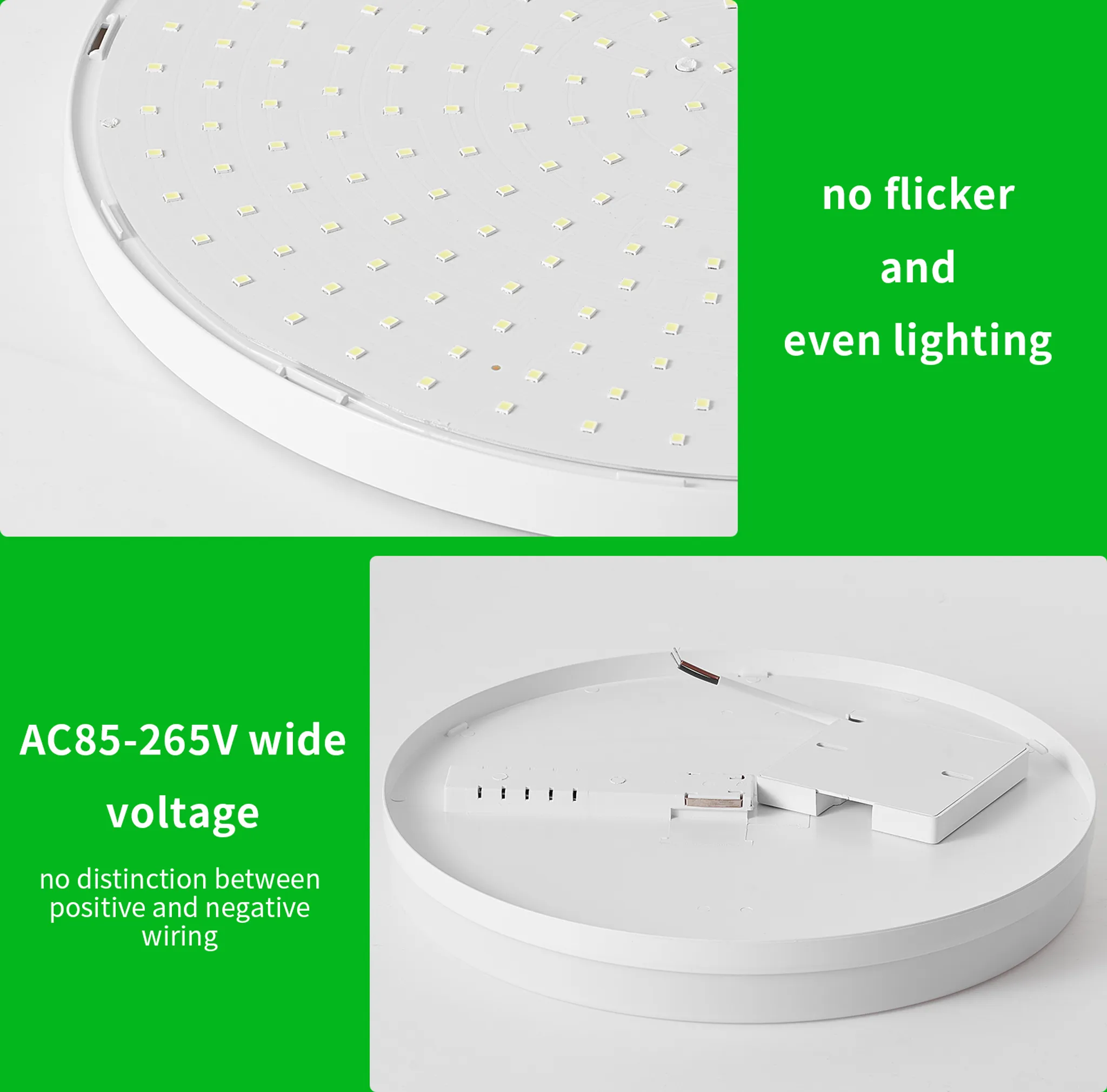 Nahaufnahme einer LED-Deckenleuchte mit LED-Array und Sockel. Text erwähnt kein Flimmern und gleichmäßige Beleuchtung.