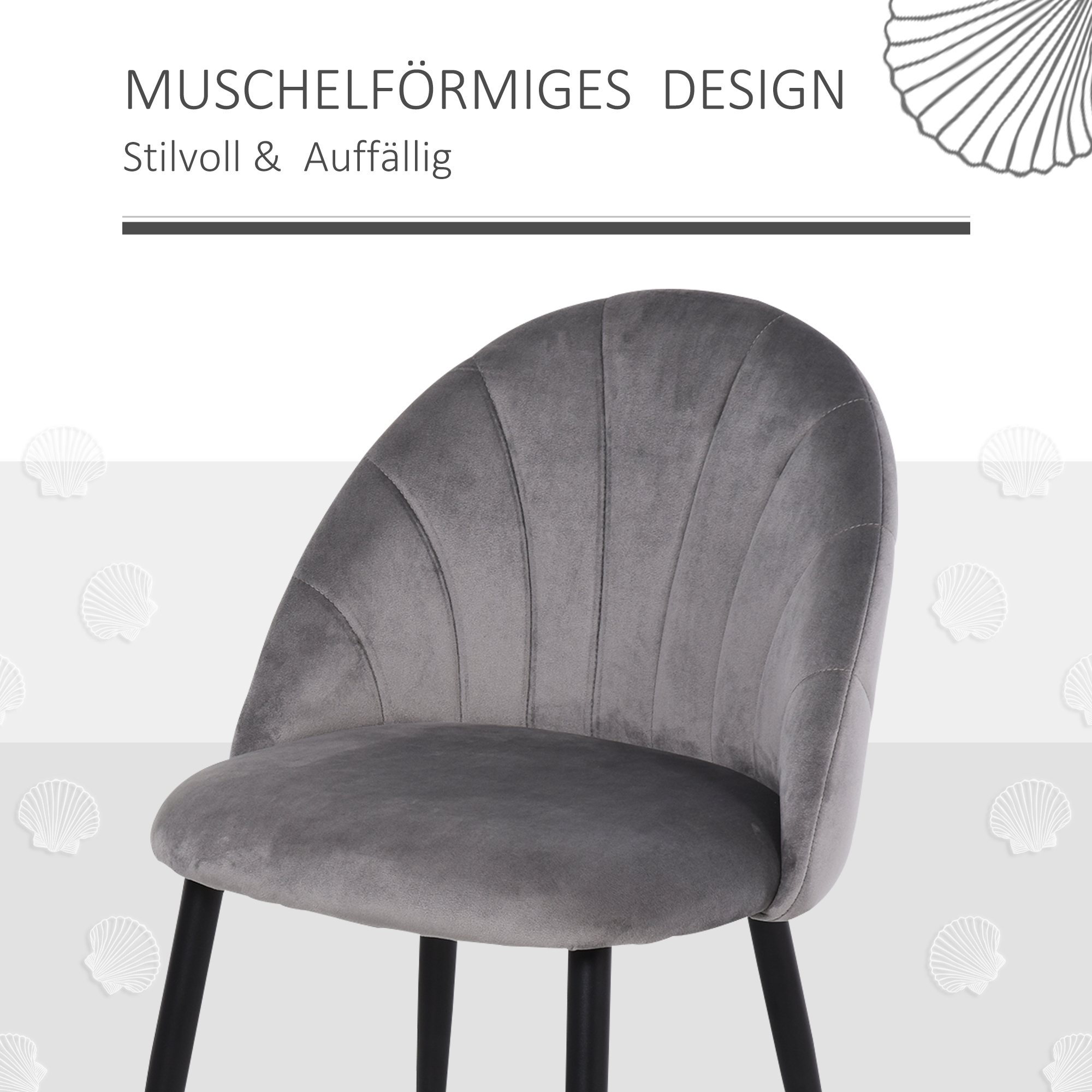 Ein grauer, muschelförmiger Stuhl mit schwarzen Beinen. Der Stuhl steht vor einem weißen Hintergrund mit Muschelmustern.