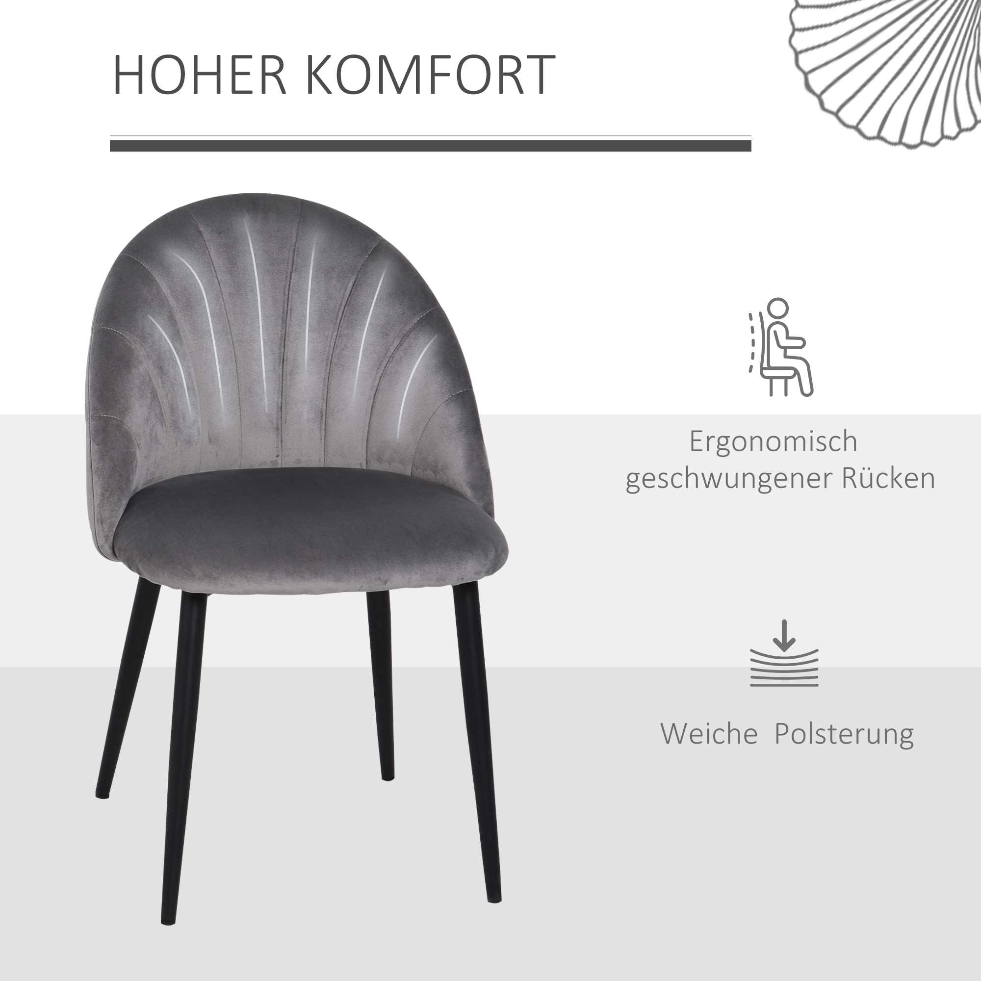 Grauer Stuhl mit schwarzen Beinen. Text hebt hohen Komfort, ergonomische Rückenlehne hervor.