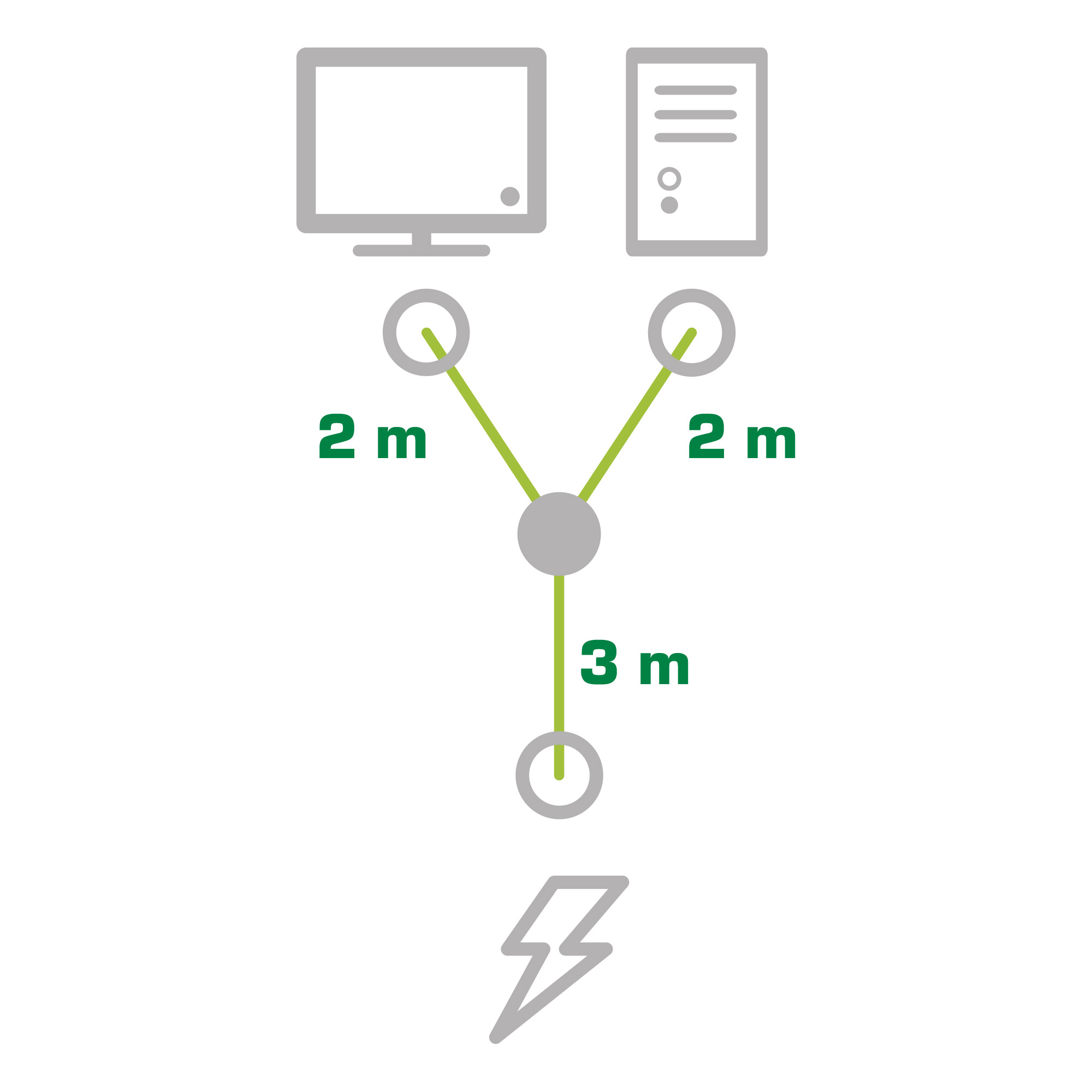 Diagramm eines Computernetzwerks mit Computer, Server und Stromsymbol.
