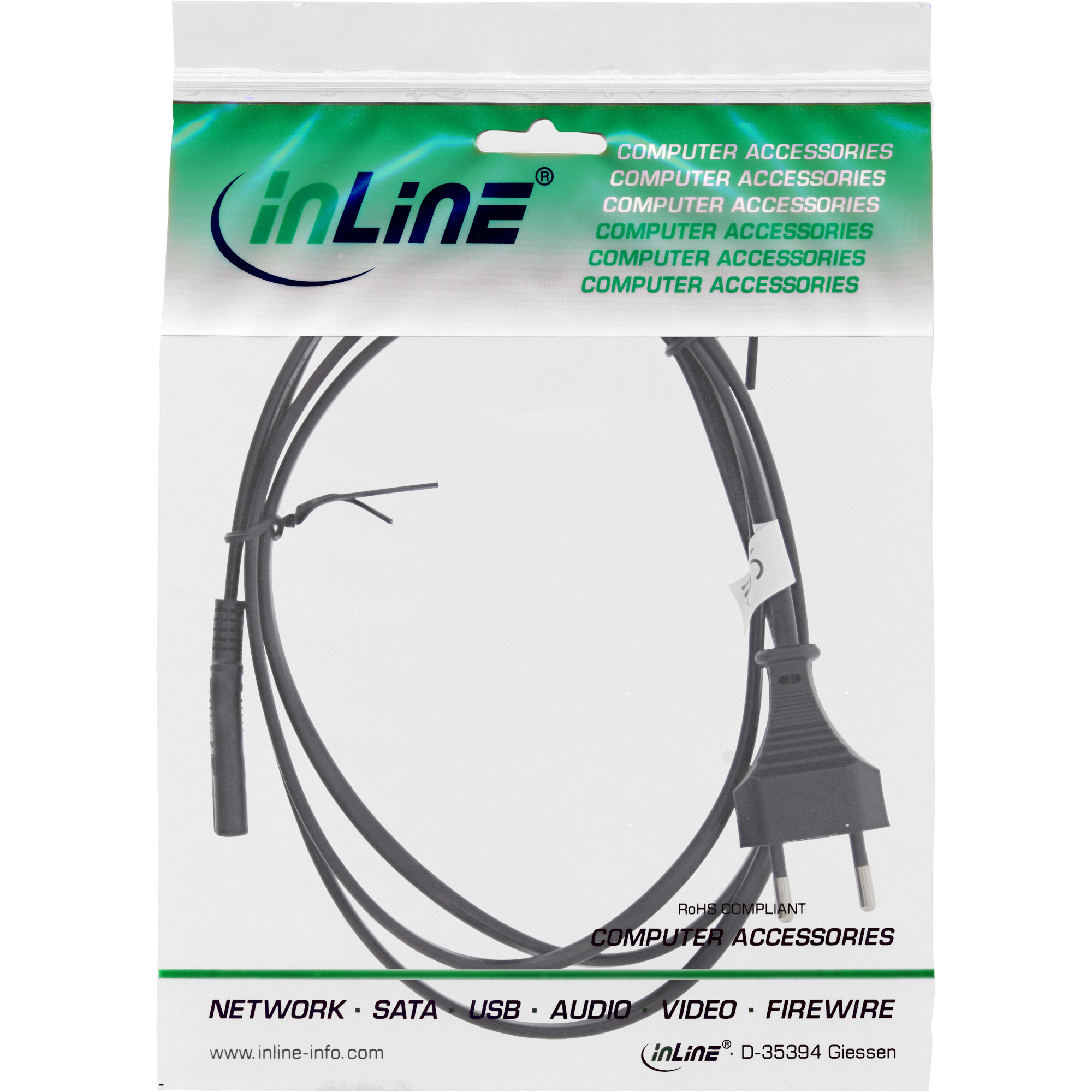 Schwarzes Kabel mit Stecker in Plastiktüte, mit dem Wort "inLine" und "Computerzubehör".