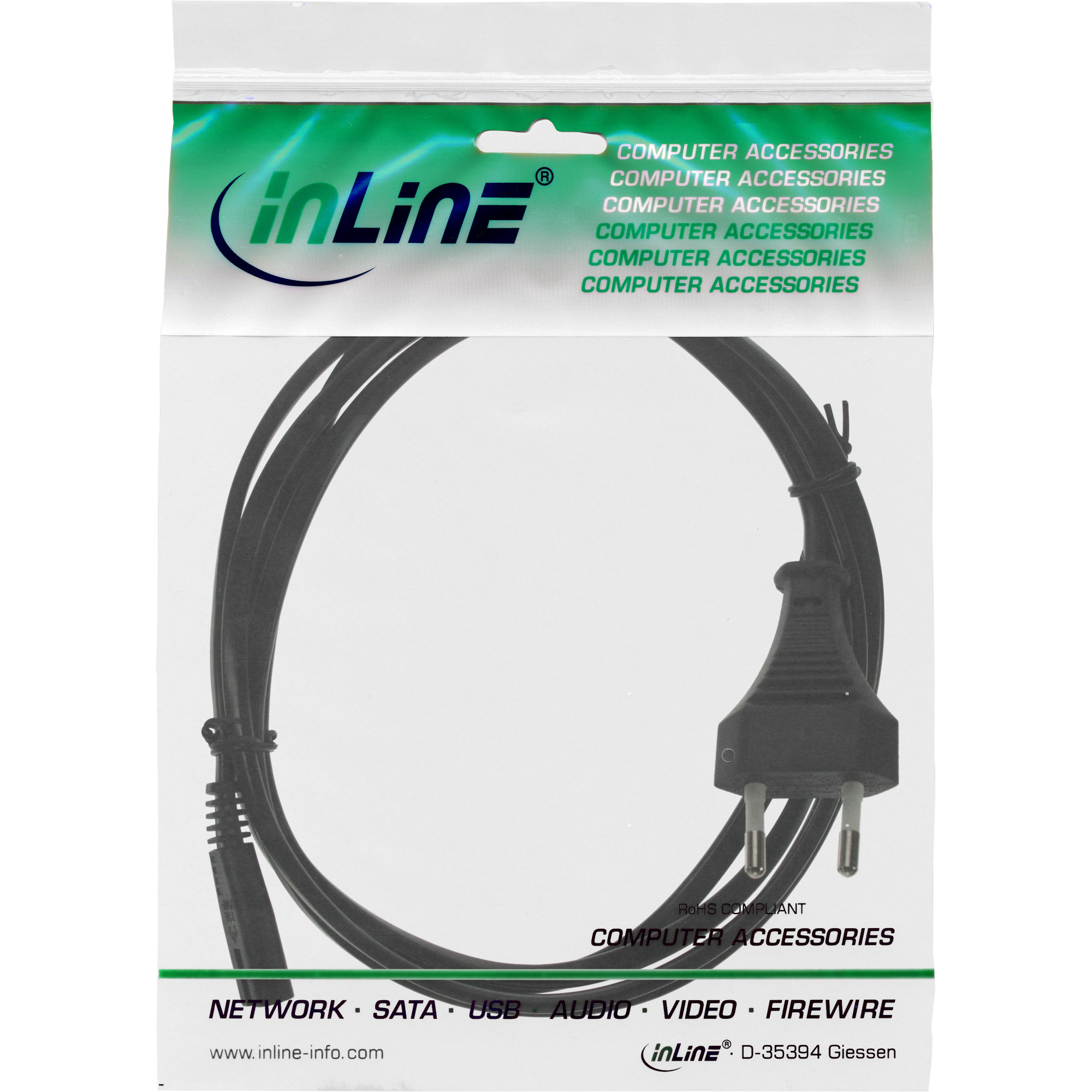 Schwarzes Kabel mit Stecker in Plastiktüte, mit dem Wort "inLine" und "Computerzubehör".