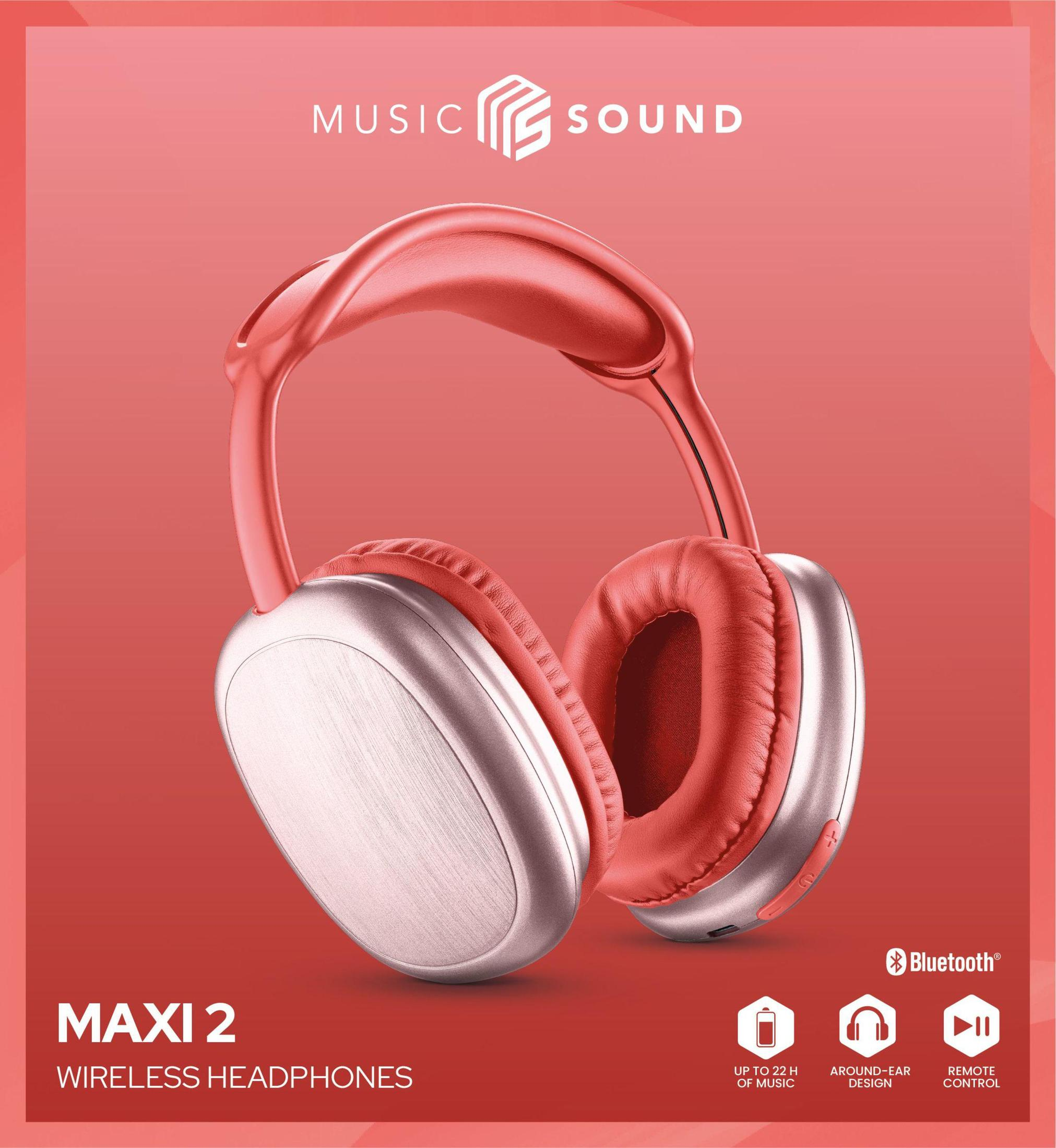 Rode en zilveren draadloze koptelefoon met de tekst "MAXI 2" en pictogrammen.