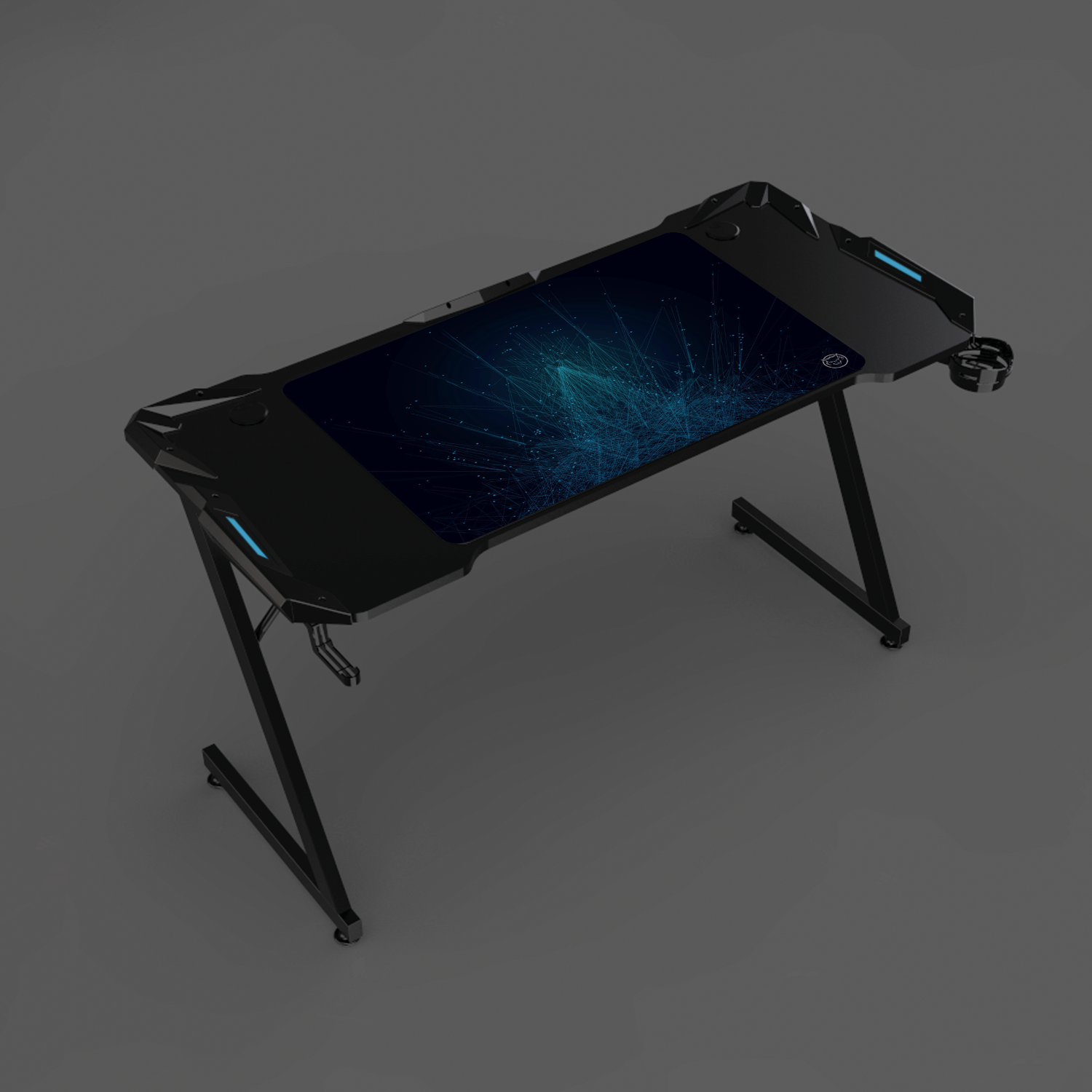 Schwarzer Gaming-Schreibtisch mit blauen Akzenten. Er hat einen Bildschirm und befindet sich auf dunklem Hintergrund.