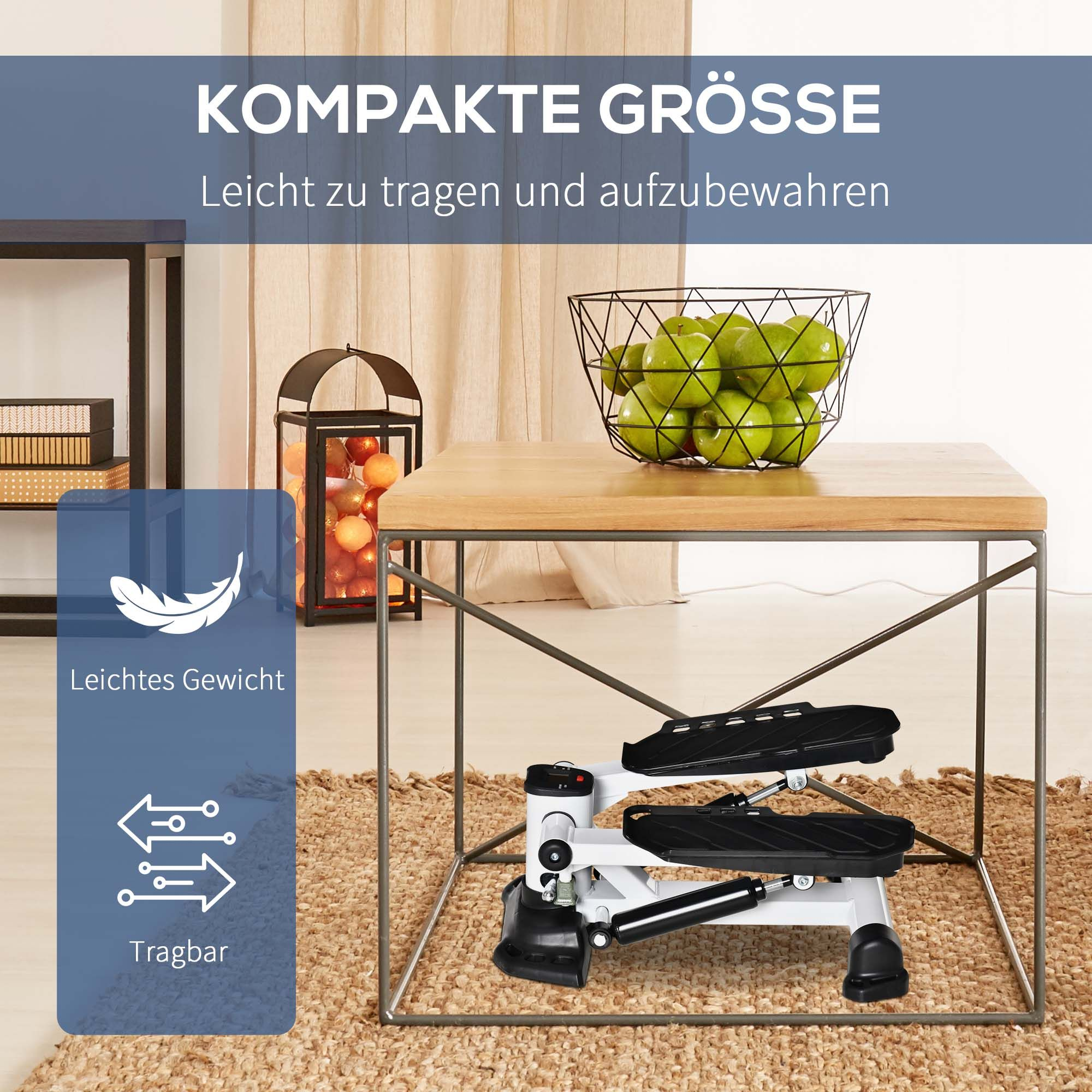 Ein kompakter Stepper auf einem Teppich, mit einem Tisch und einem dekorativen Apfelkorb.
