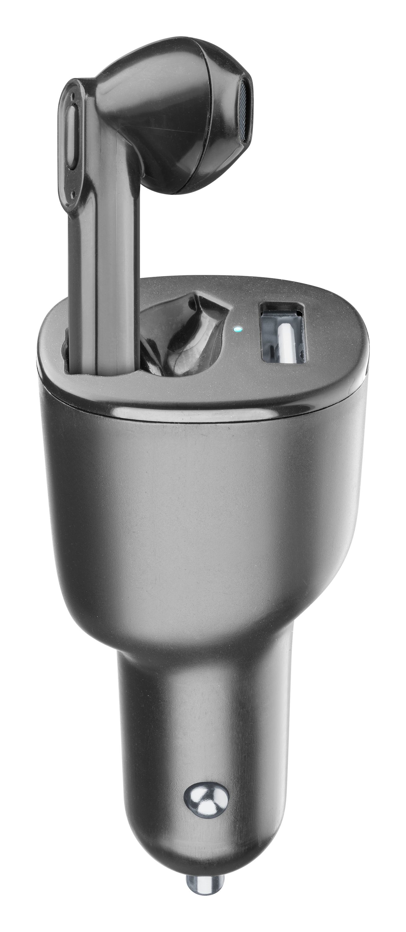 Caricabatterie per auto argentato con un auricolare e porta USB, vista ravvicinata.