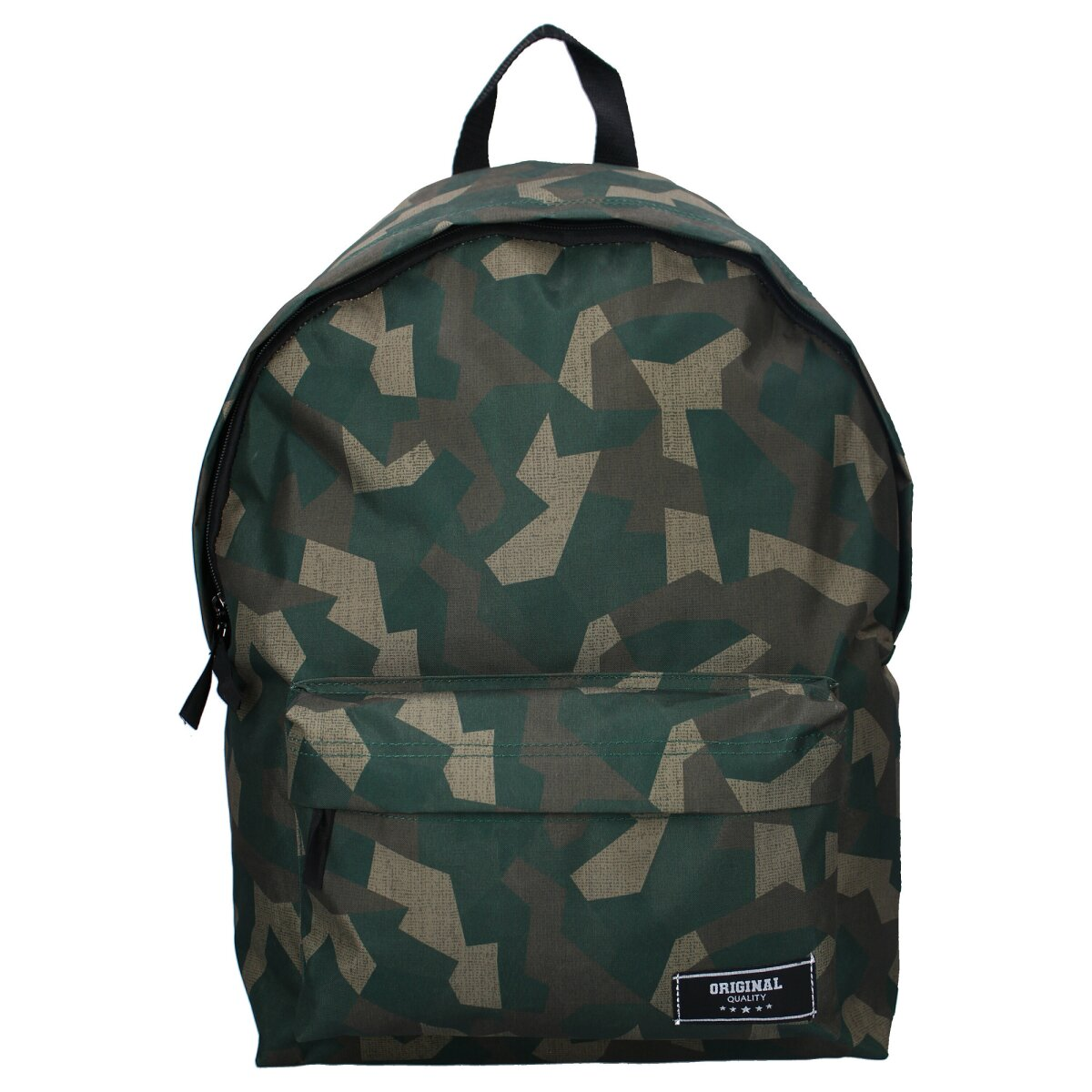 Grüner Tarnrucksack. Schwarzer oberer Griff und Gurte, Vordertasche und Markenetikett unten.