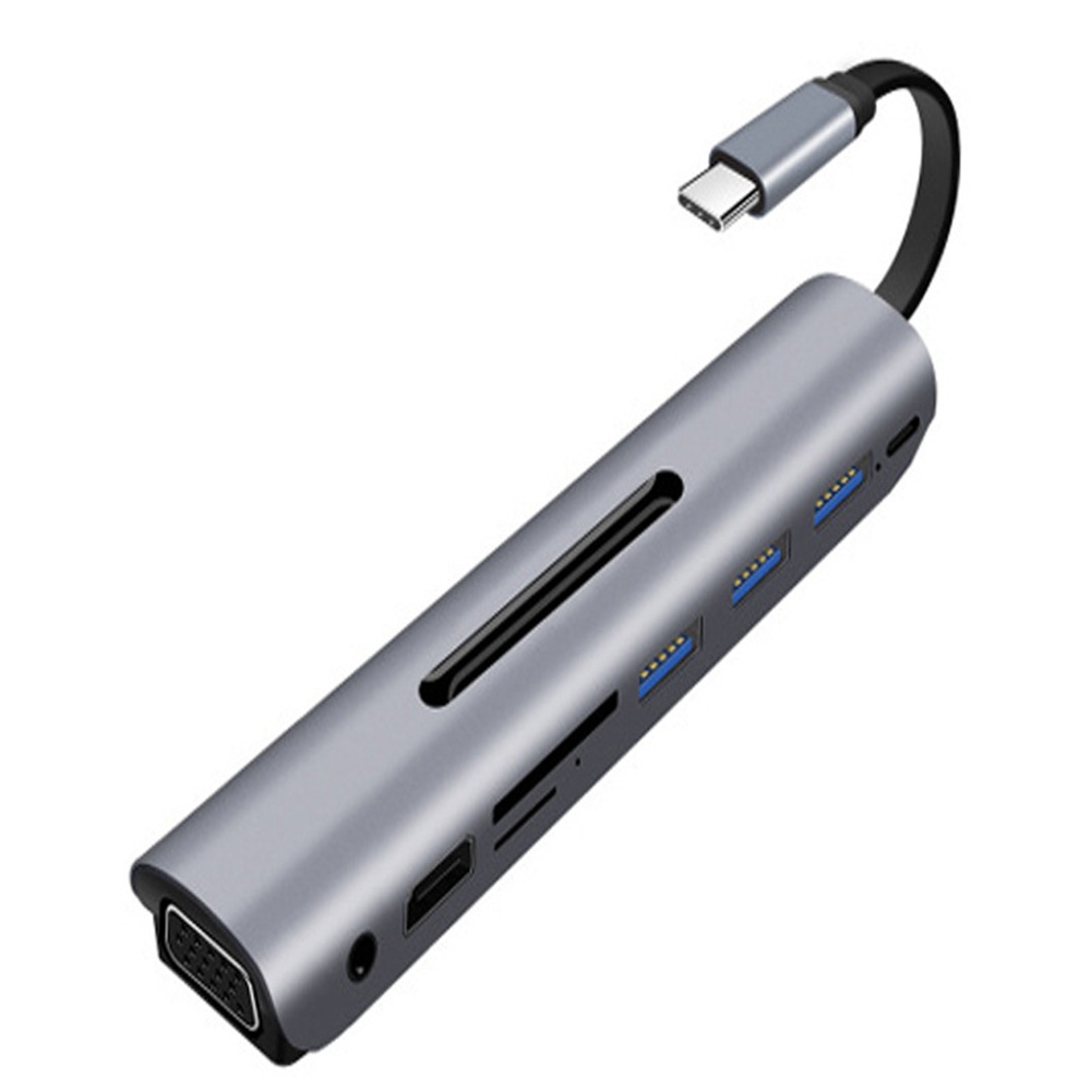 Silberner USB-C-Hub mit mehreren Anschlüssen, einschließlich USB, HDMI und SD-Kartenleser.