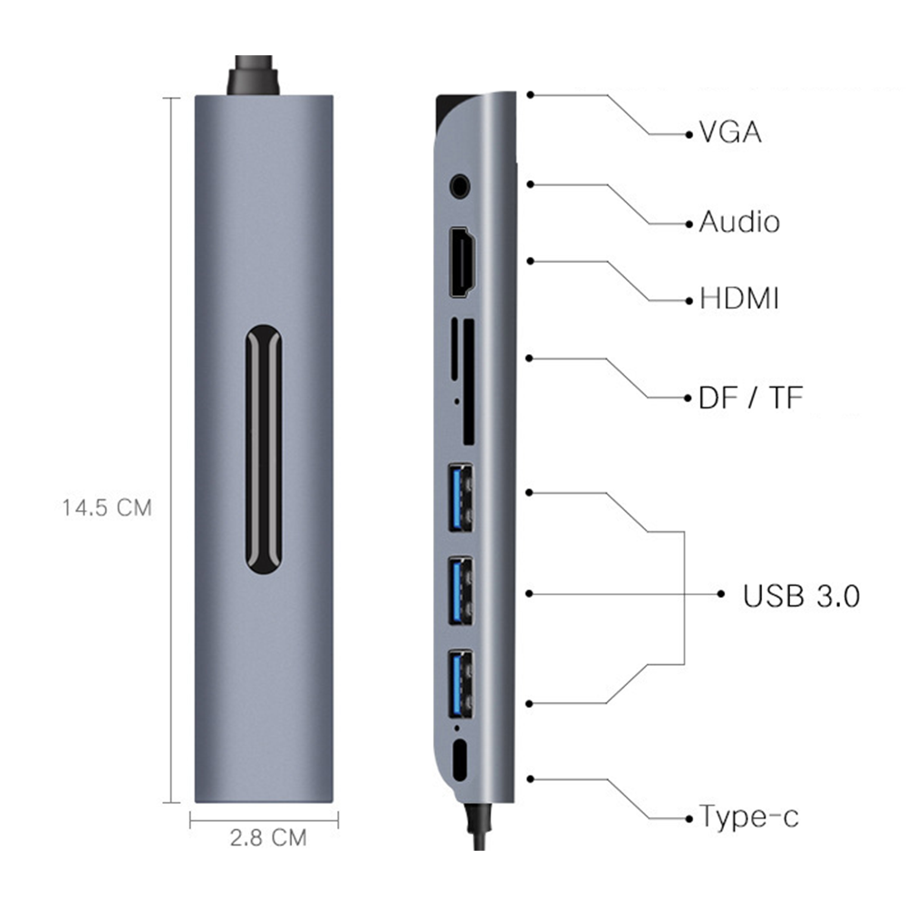 Ein silberner USB-Hub mit beschrifteten Anschlüssen: VGA, Audio, HDMI, DF/TF, USB 3.0 und Type-c.