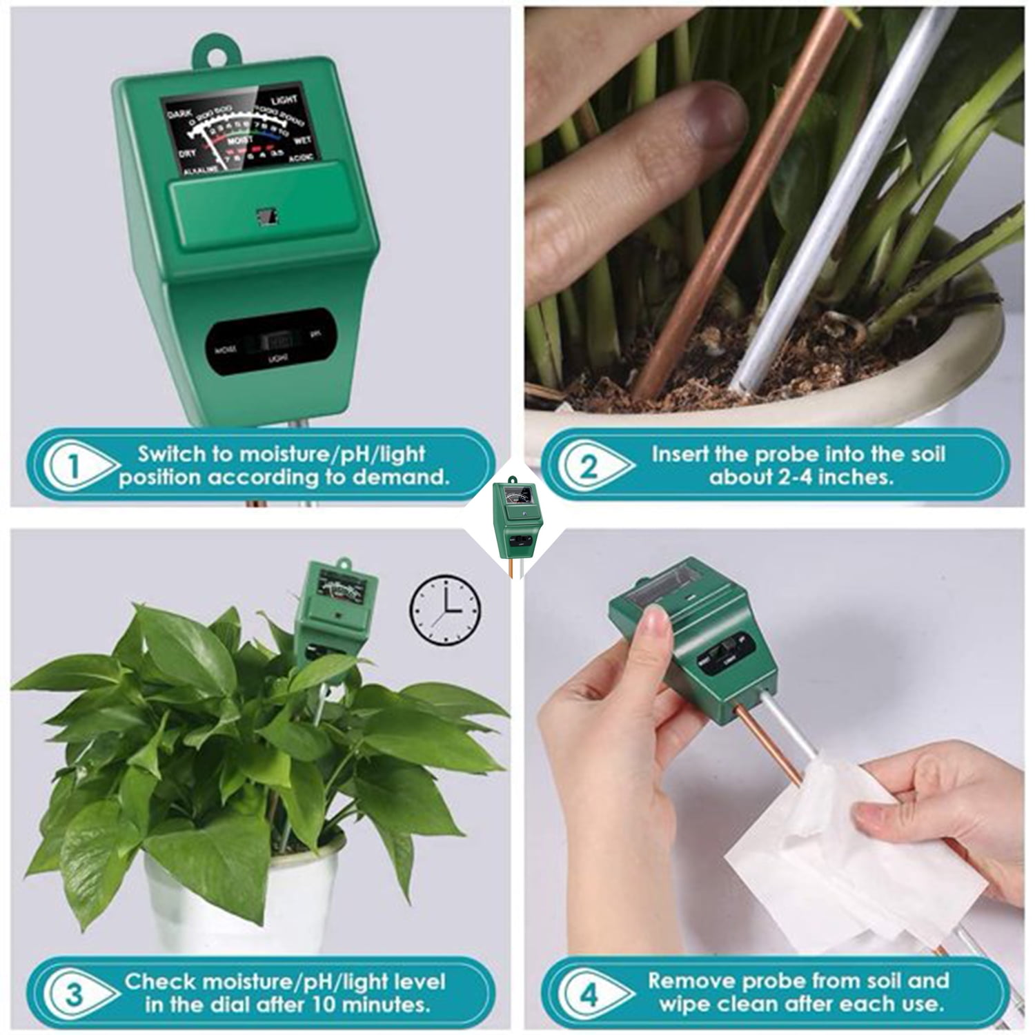 Anleitung zur Verwendung eines grünen Bodentesters: Einfügen, prüfen und Sonde entfernen.