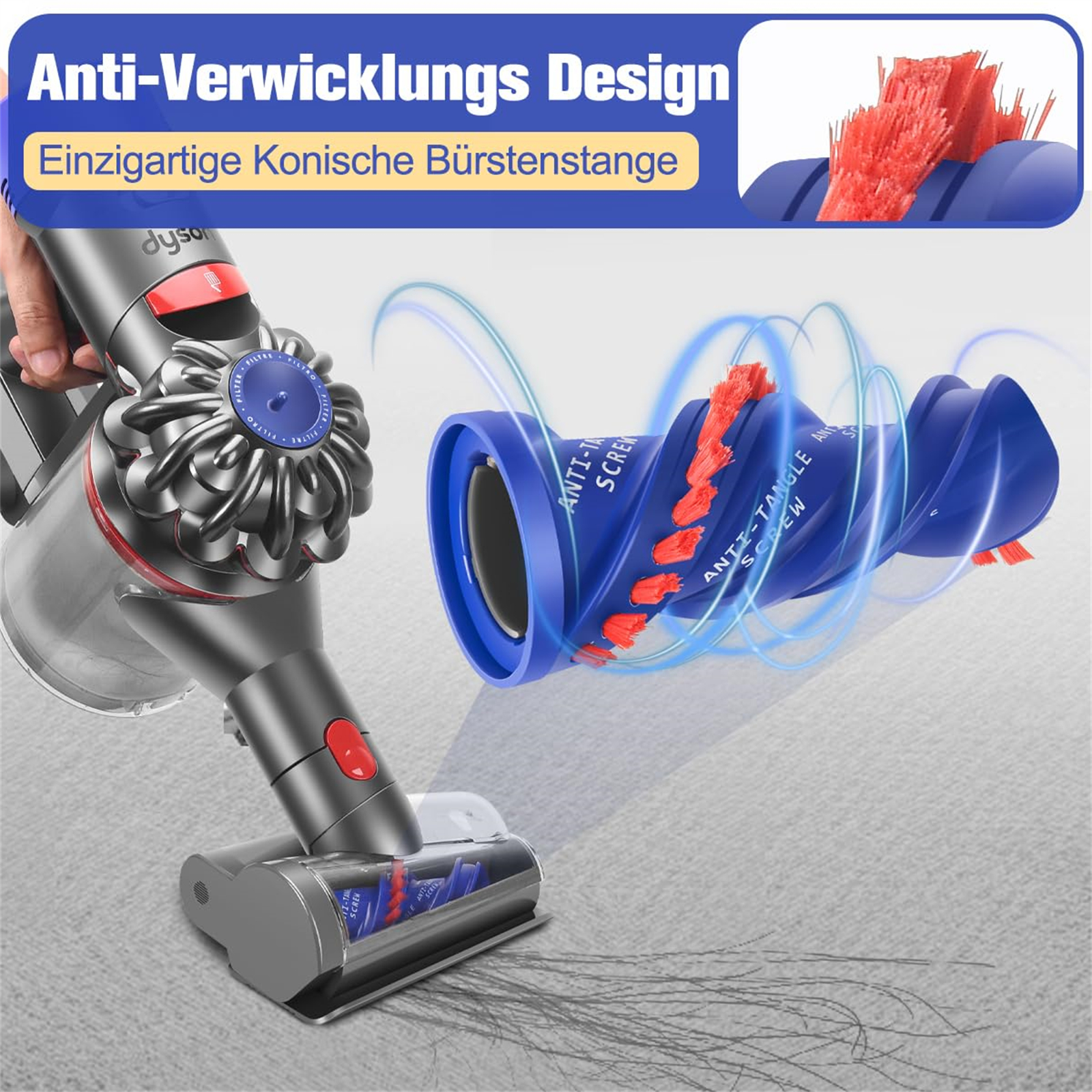 Bürste des Dyson-Staubsaugers mit blauen und roten Borsten. Text: Anti-Verwicklungs-Design.