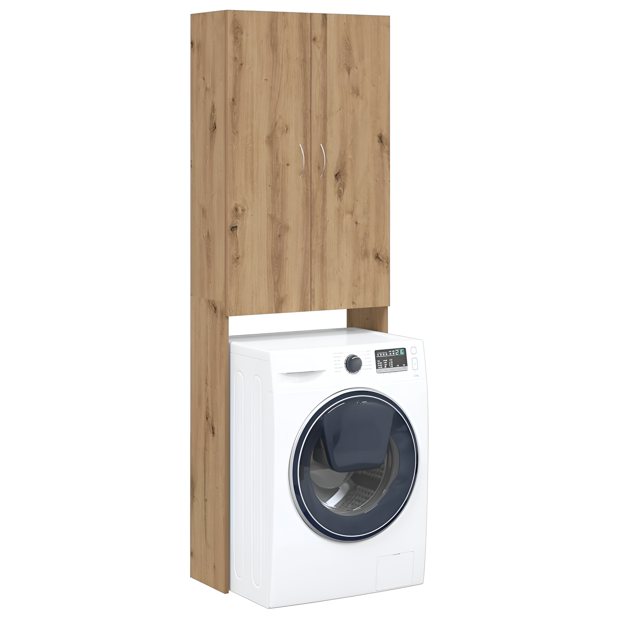 Eine weiße Waschmaschine steht in einem Holzschrank. Der Schrank befindet sich über der Maschine.