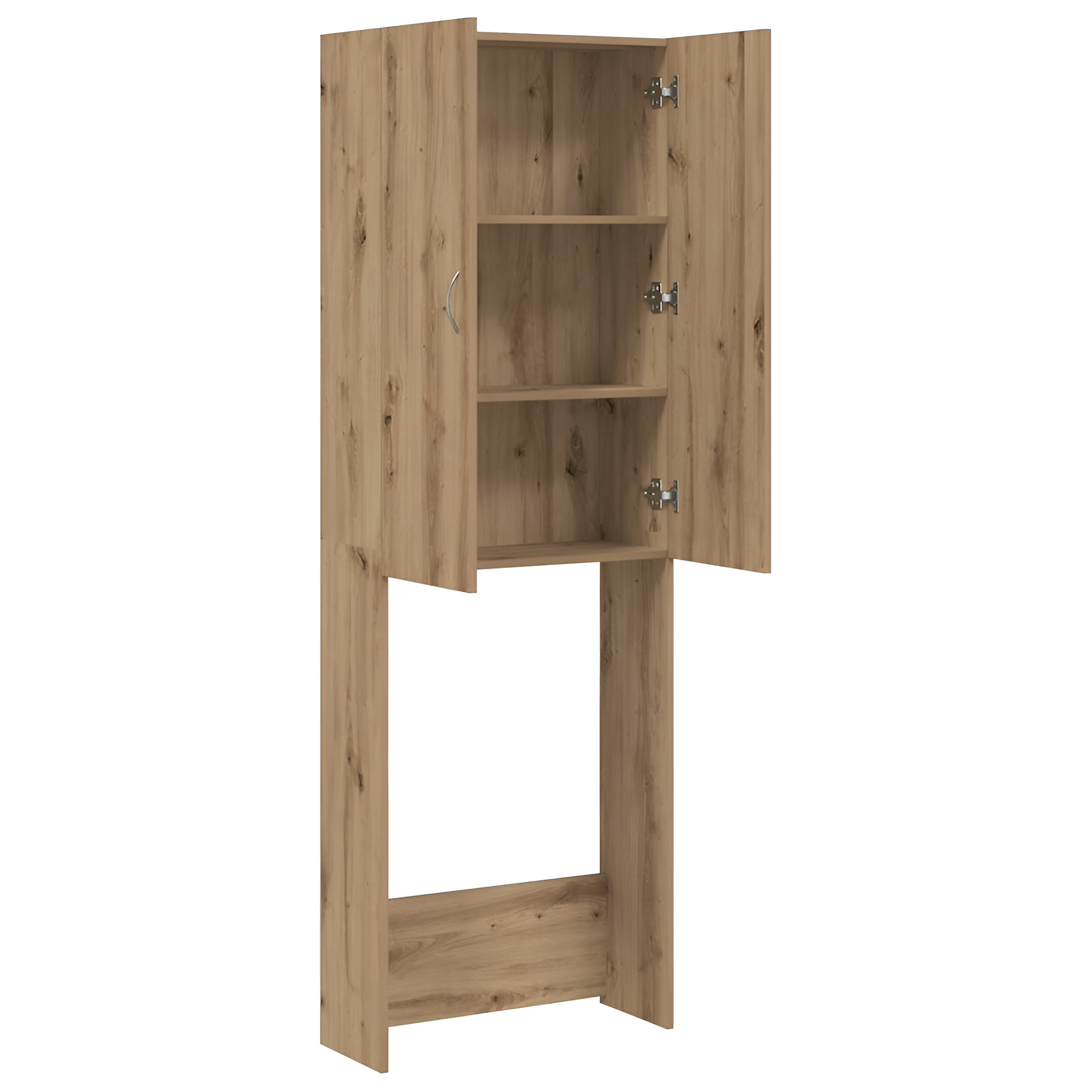 Ein Holzschrank mit offenen Türen, der Regale im Inneren zeigt.