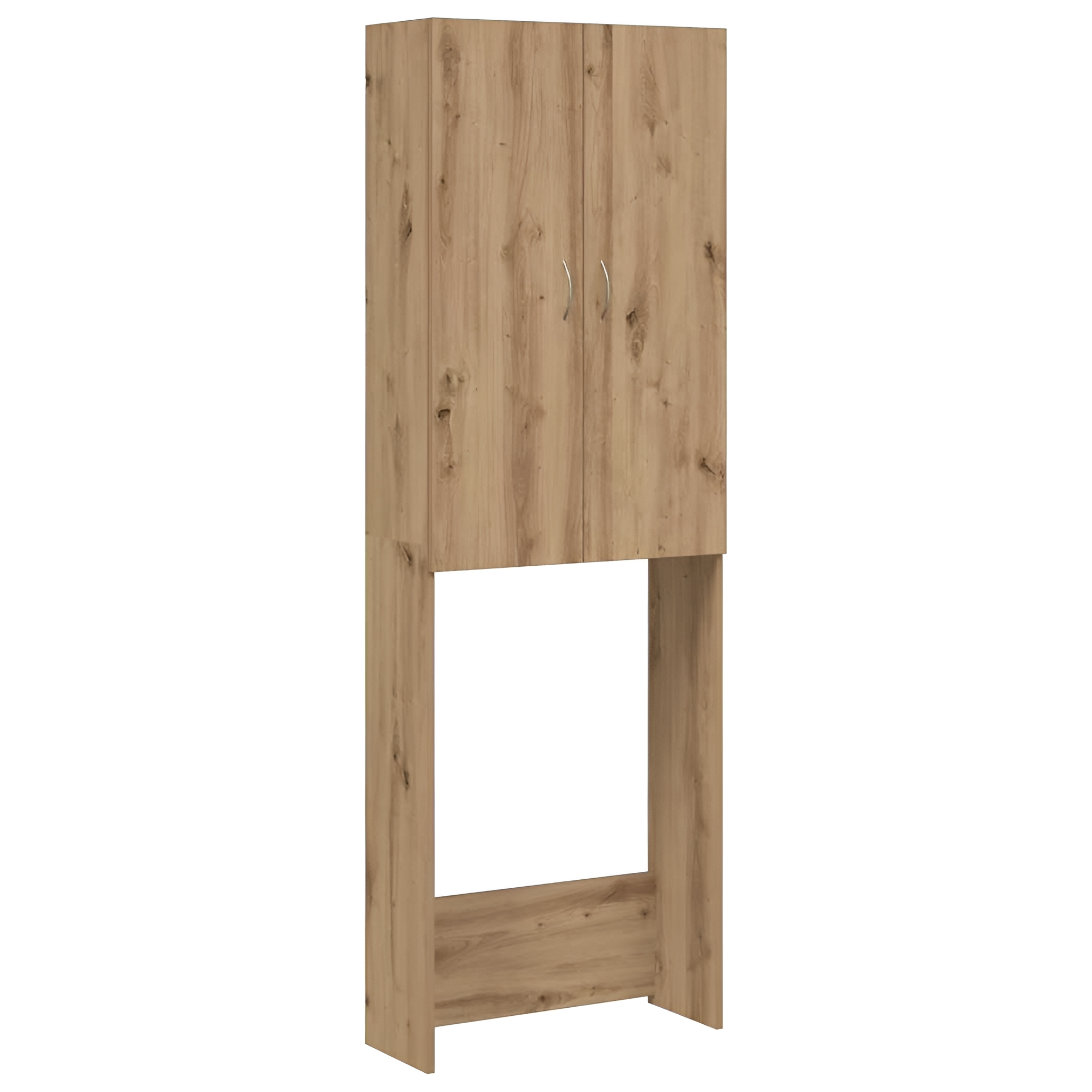 Ein hoher Holzschrank. Er hat zwei Türen oben und ein Regal unten. Der Hintergrund ist weiß.