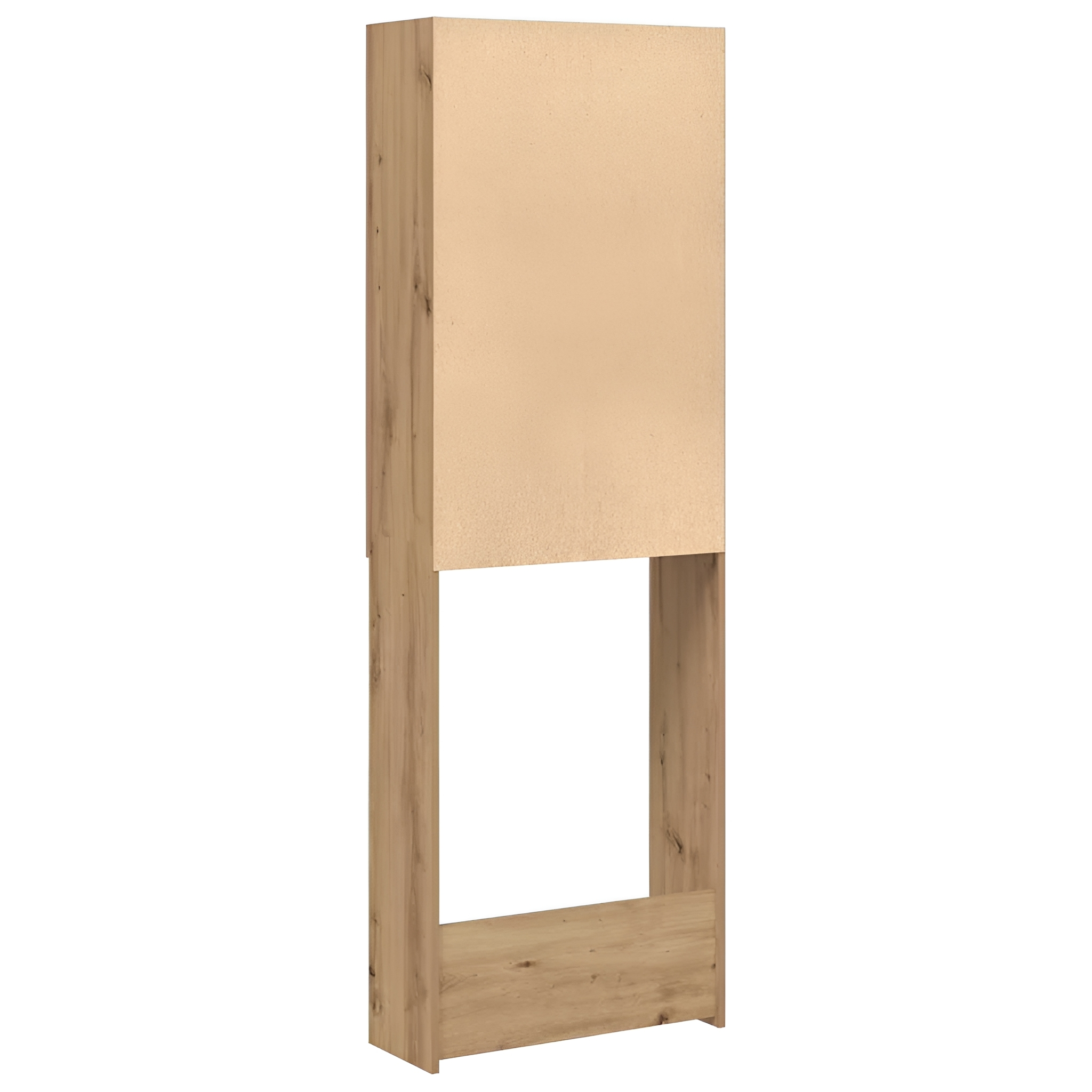 Holzschrank, in der Mitte offen. Die Rückseite ist schlicht.