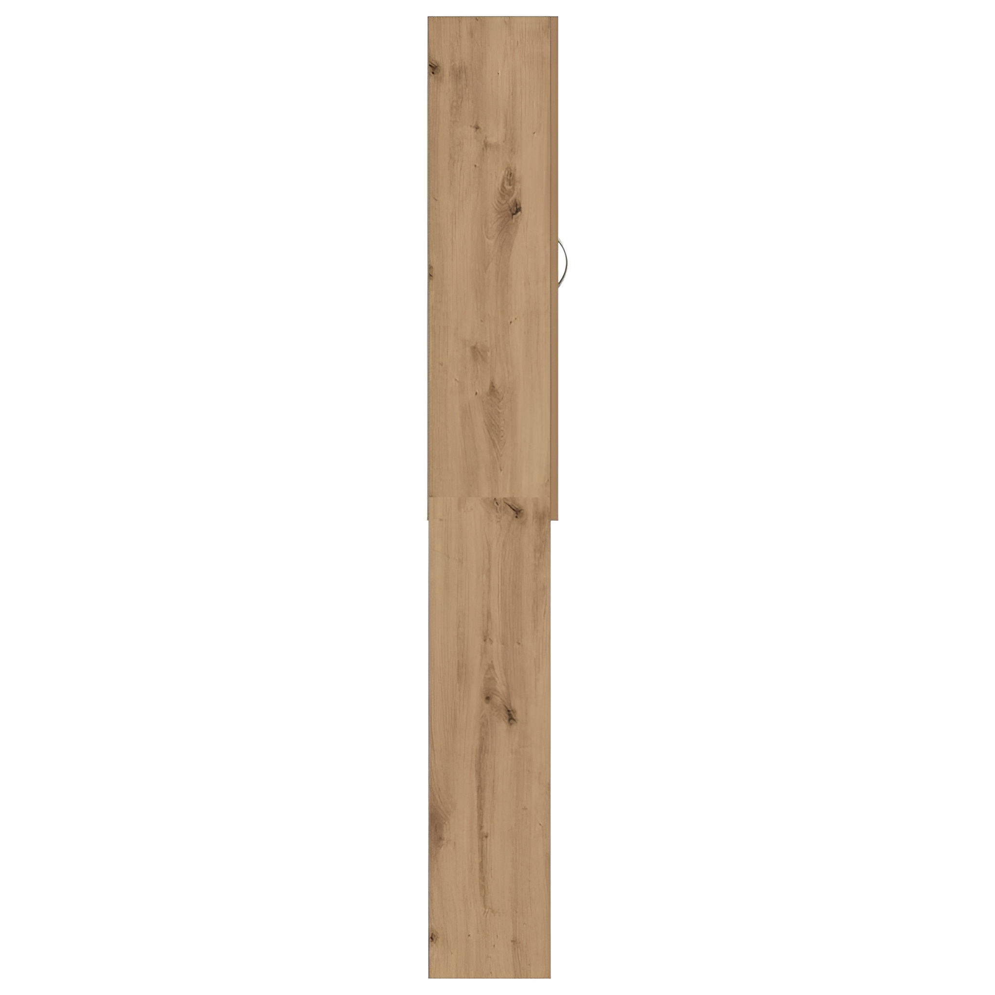 Hoher Holzschrank, vertikale Ansicht, mit sichtbarer Holzmaserung und Griff.