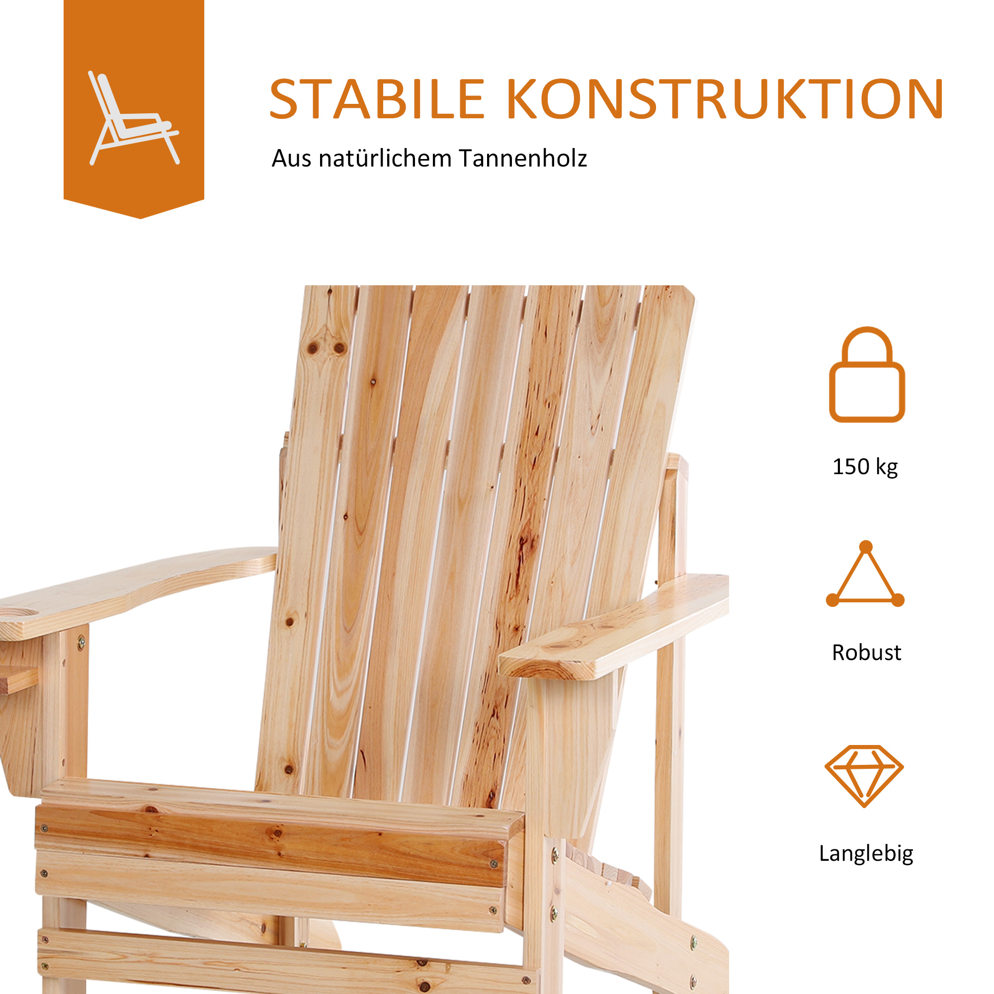 Holz-Außenstuhl mit Text über seine Eigenschaften und einem Stuhlsymbol.