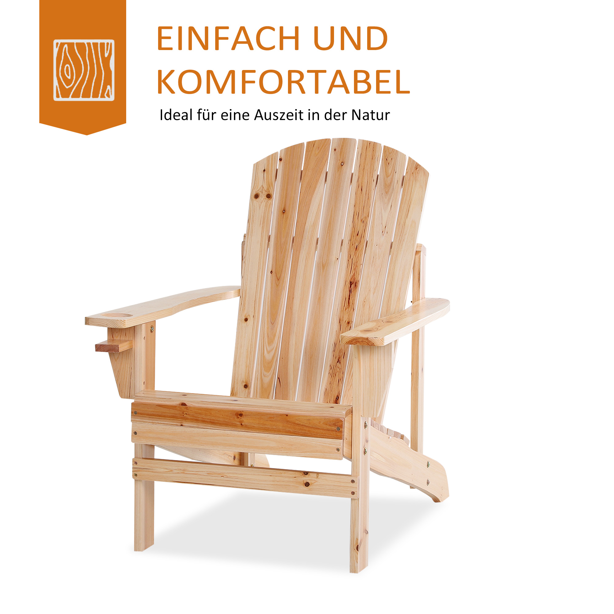 Holz-Adirondack-Stuhl mit Text-Overlay. Text: "Einfach und komfortabel".