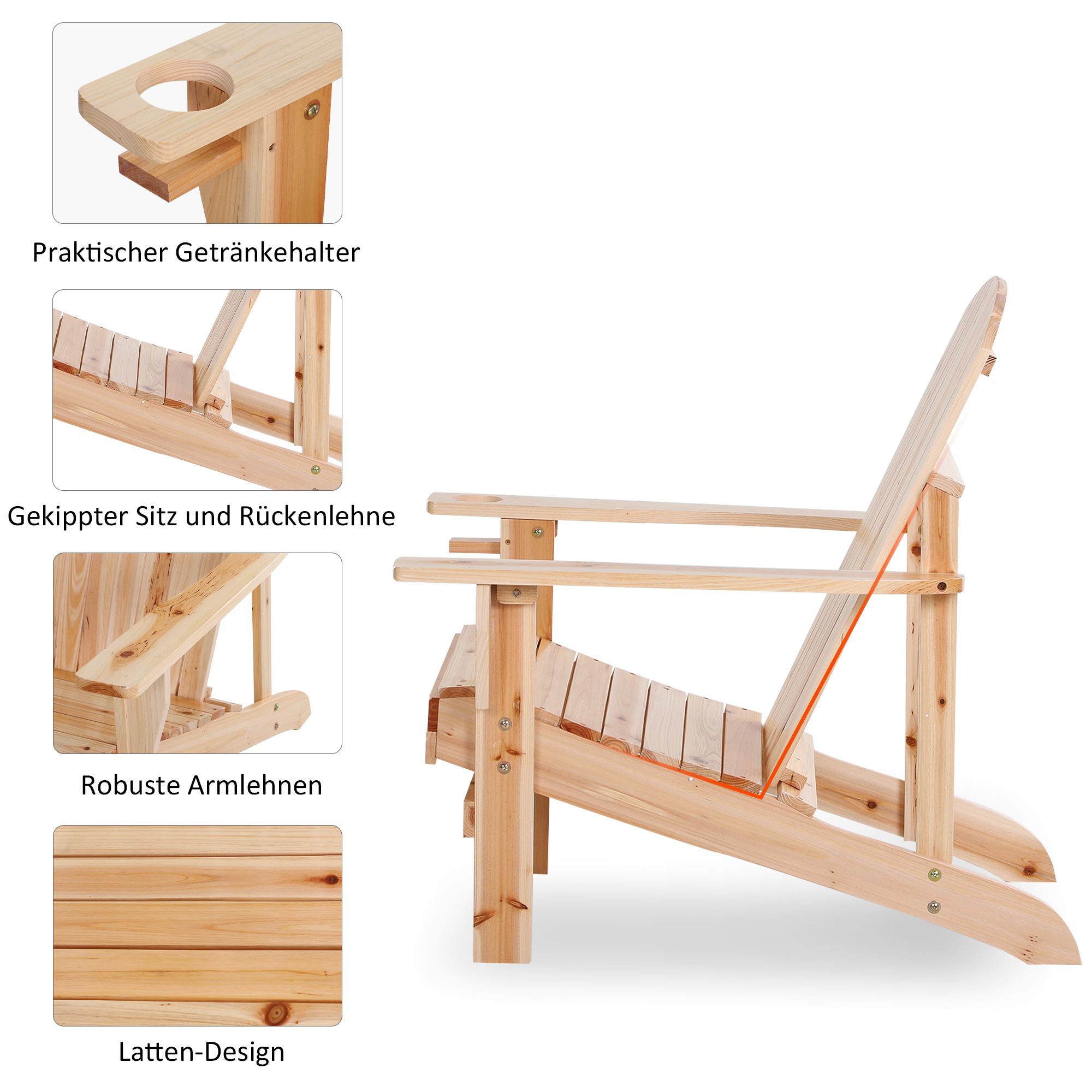 Holz-Adirondack-Stuhl mit Details an der Seite.