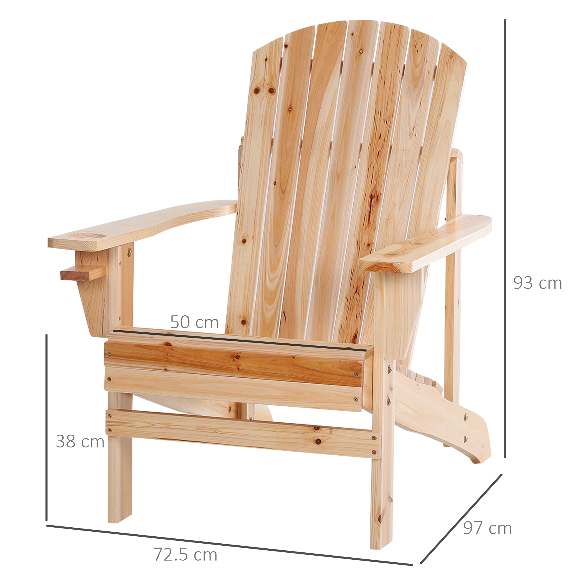 Holz-Adirondack-Stuhl mit Maßangaben, isoliert auf weißem Hintergrund.