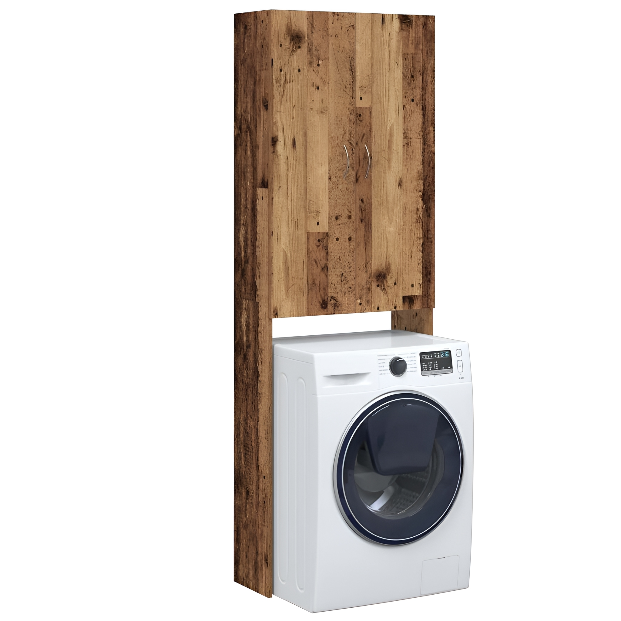 Weiße Waschmaschine unter einem Holzschrank. Isoliert auf weißem Grund.