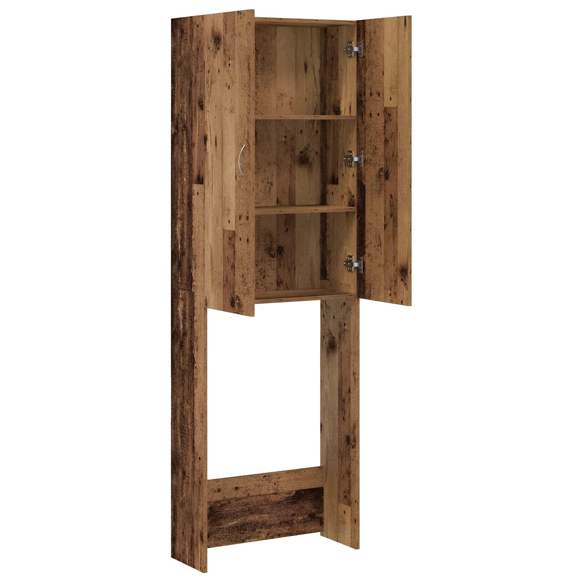 Holzschrank mit offenen Türen, Regalen. Braunes, rustikales Design. Hintergrund: weiß.
