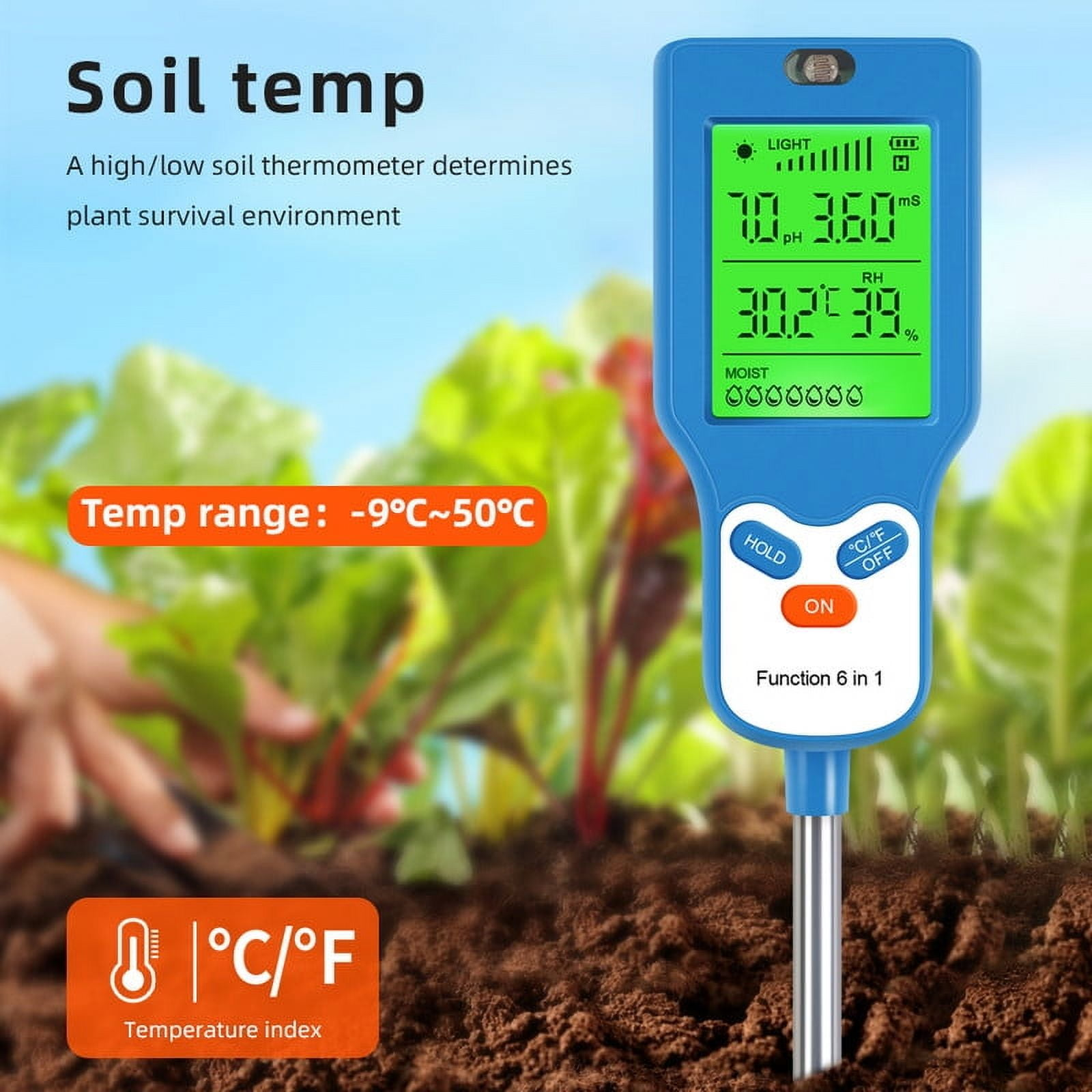 Blaues Bodenthermometer mit Digitalanzeige. Zeigt Bodentemperatur, pH-Wert, Feuchtigkeit und Temperaturindex.