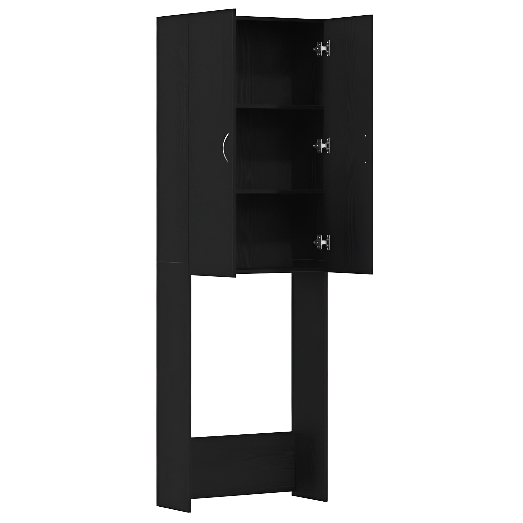 Schwarzer Schrank mit zwei geöffneten Türen, die Regale freigeben. Er ist hoch und steht aufrecht an einer Wand.