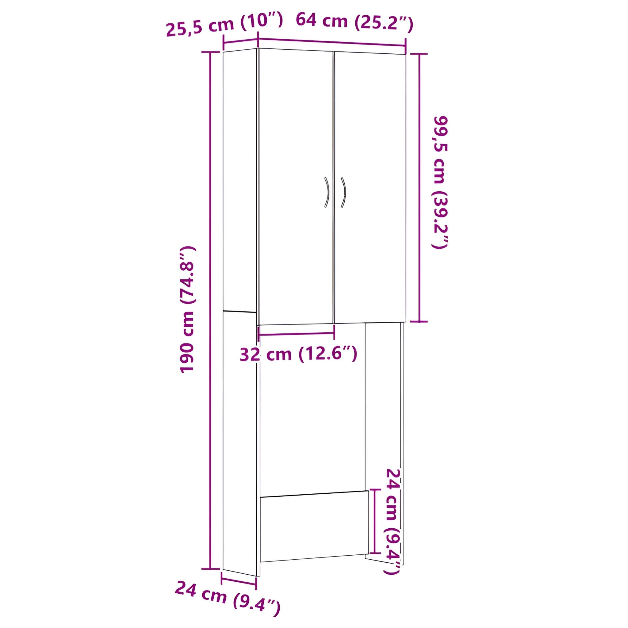 Ein Diagramm mit den Abmessungen eines weißen Kleiderschranks. Enthält Maße in cm und Zoll.