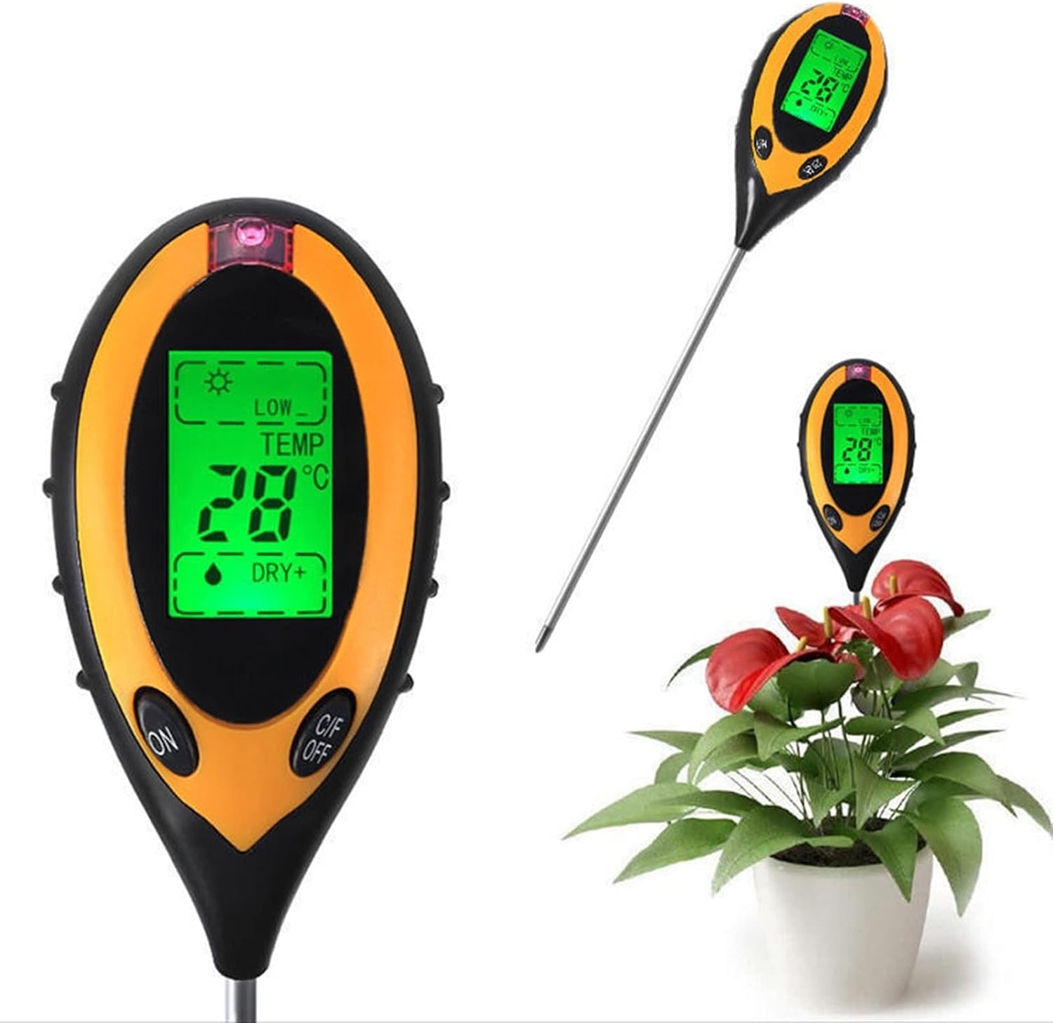 Bodenmessgerät mit Digitalanzeige, die Bodentemperatur anzeigt. Eine Pflanze mit roten Blüten ist ebenfalls sichtbar.