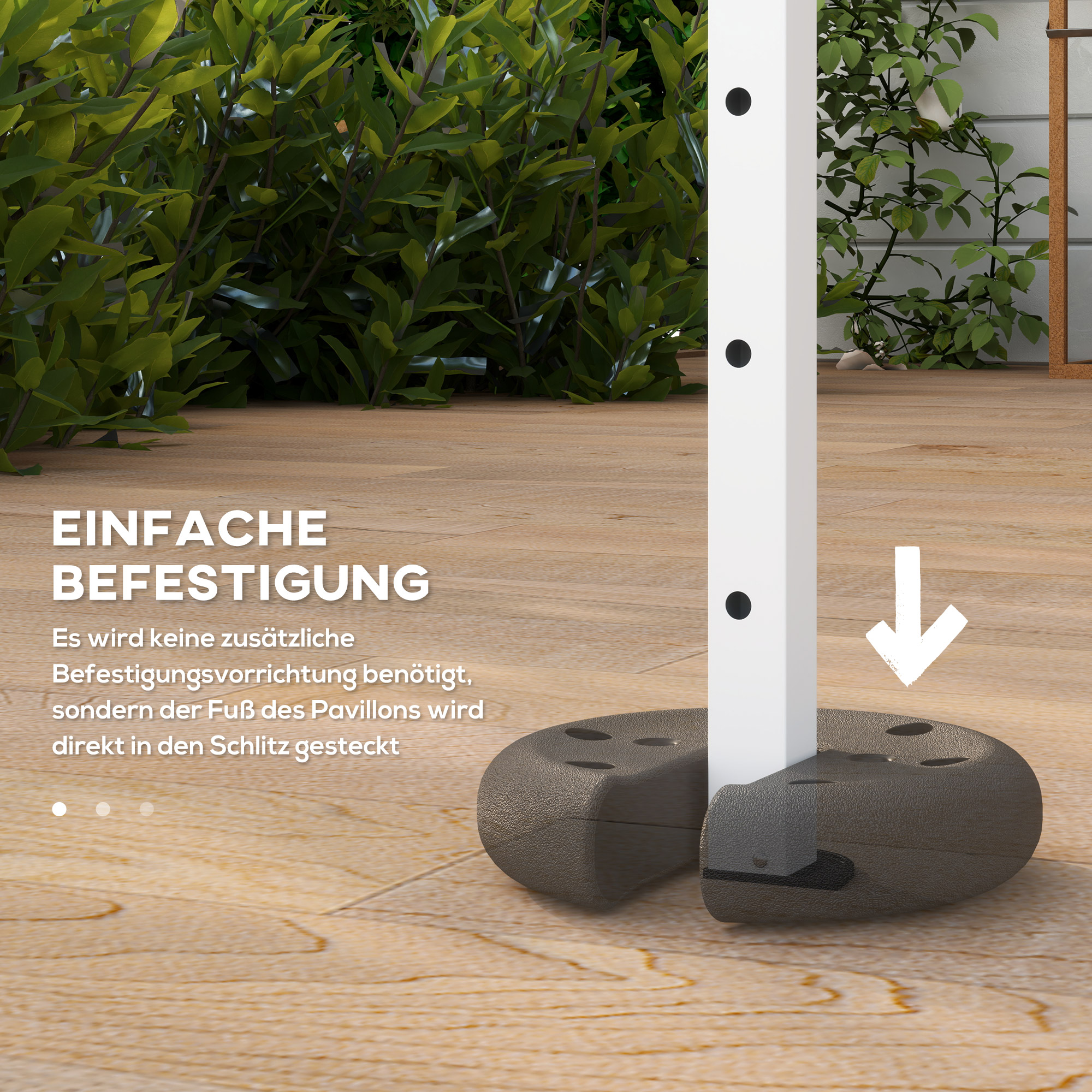 Eine Pavillonbasis mit weißer Stütze. Text sagt: einfache Befestigung. Pfeil zeigt die Befestigung.