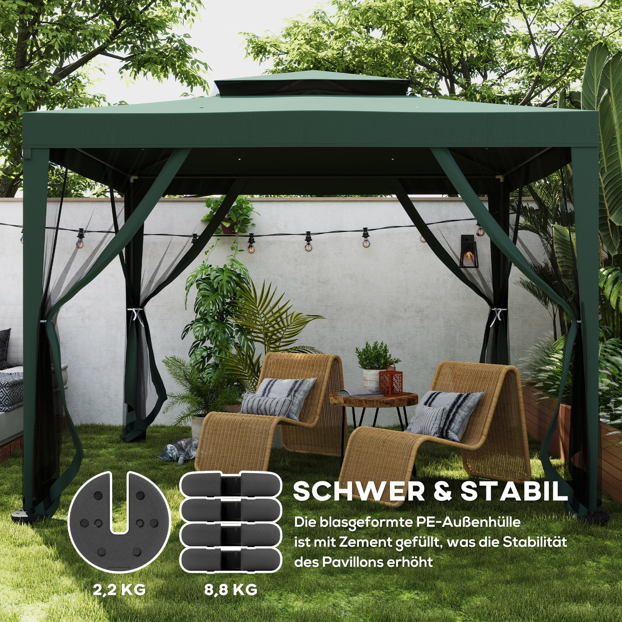 Grüner Pavillon mit Stühlen und Tisch. Text: Schwer & Stabil.
