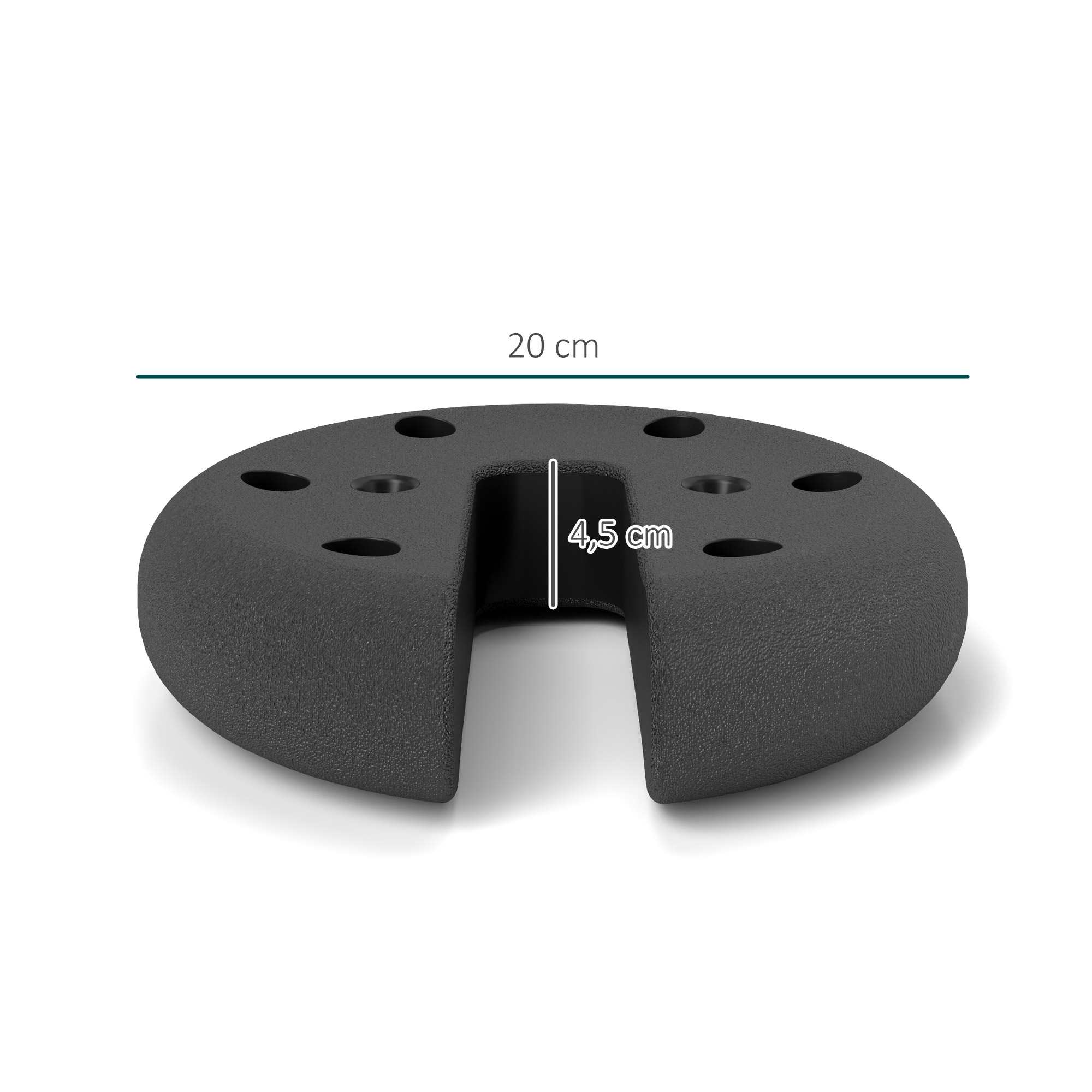 Schwarzes, rundes Kunststoffgewicht mit Aussparung. Die Abmessungen sind 20 cm breit und 4,5 cm tief.