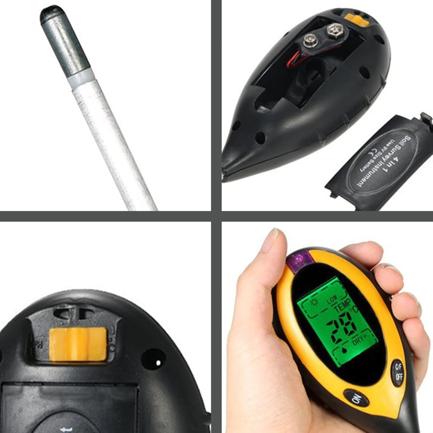 Vier Bilder zeigen ein Bodenmessgerät, Batteriefach, Sonde und LCD-Bildschirm mit Messwerten.