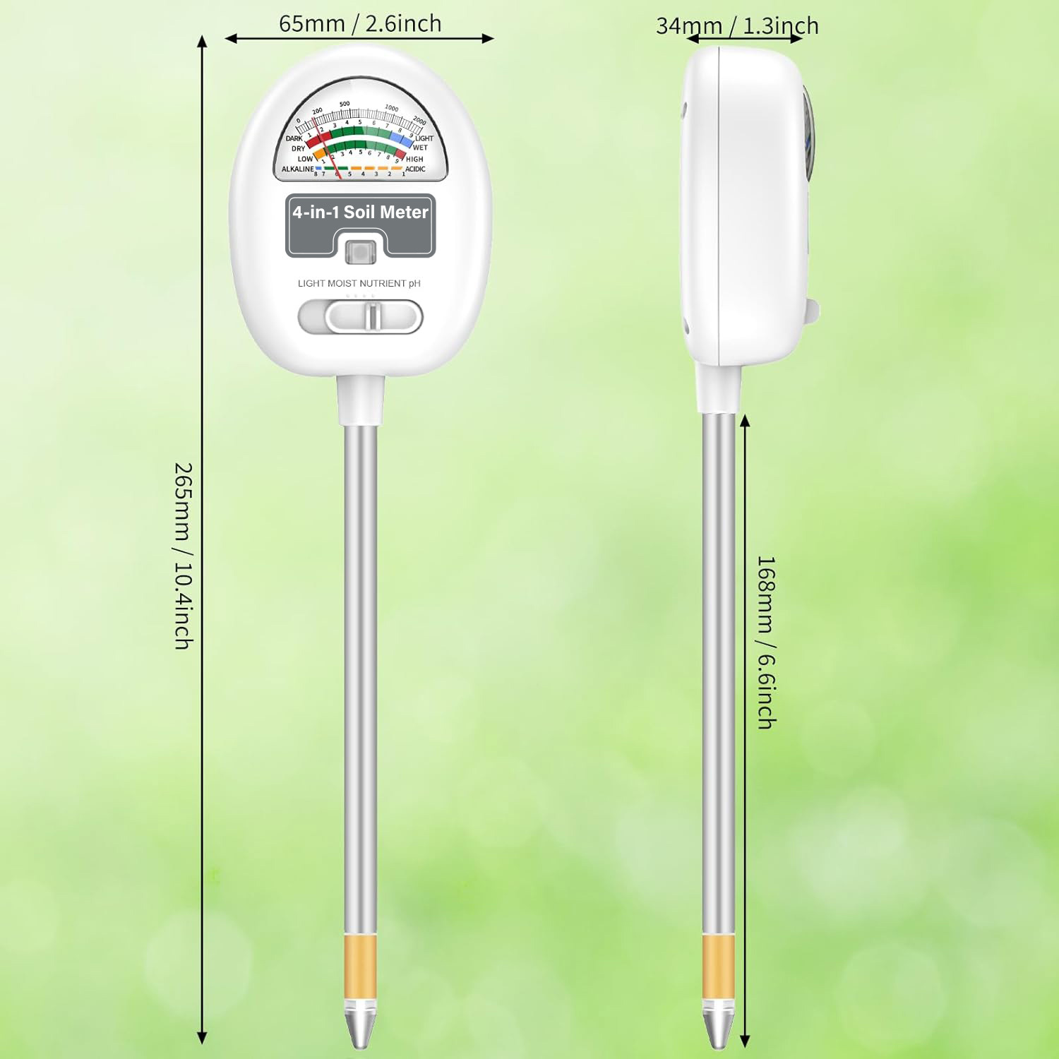 Ein 4-in-1-Bodenmessgerät mit den Abmessungen 65 mm x 2,6 Zoll und 168 mm x 6,6 Zoll. Das Messgerät hat eine lange Sonde.