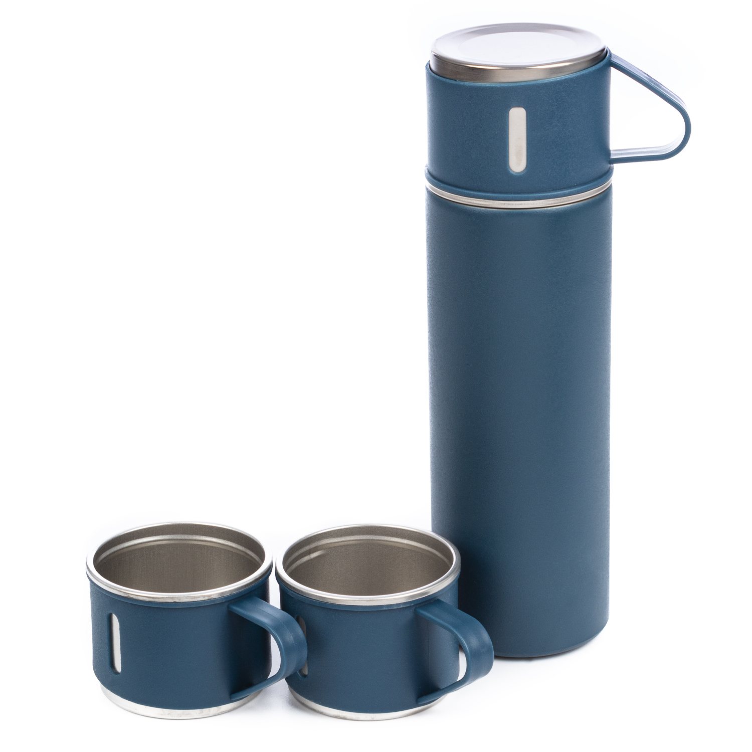 Ein blaues Thermoset mit zwei blauen Bechern. Das Set ist vor weißem Hintergrund.