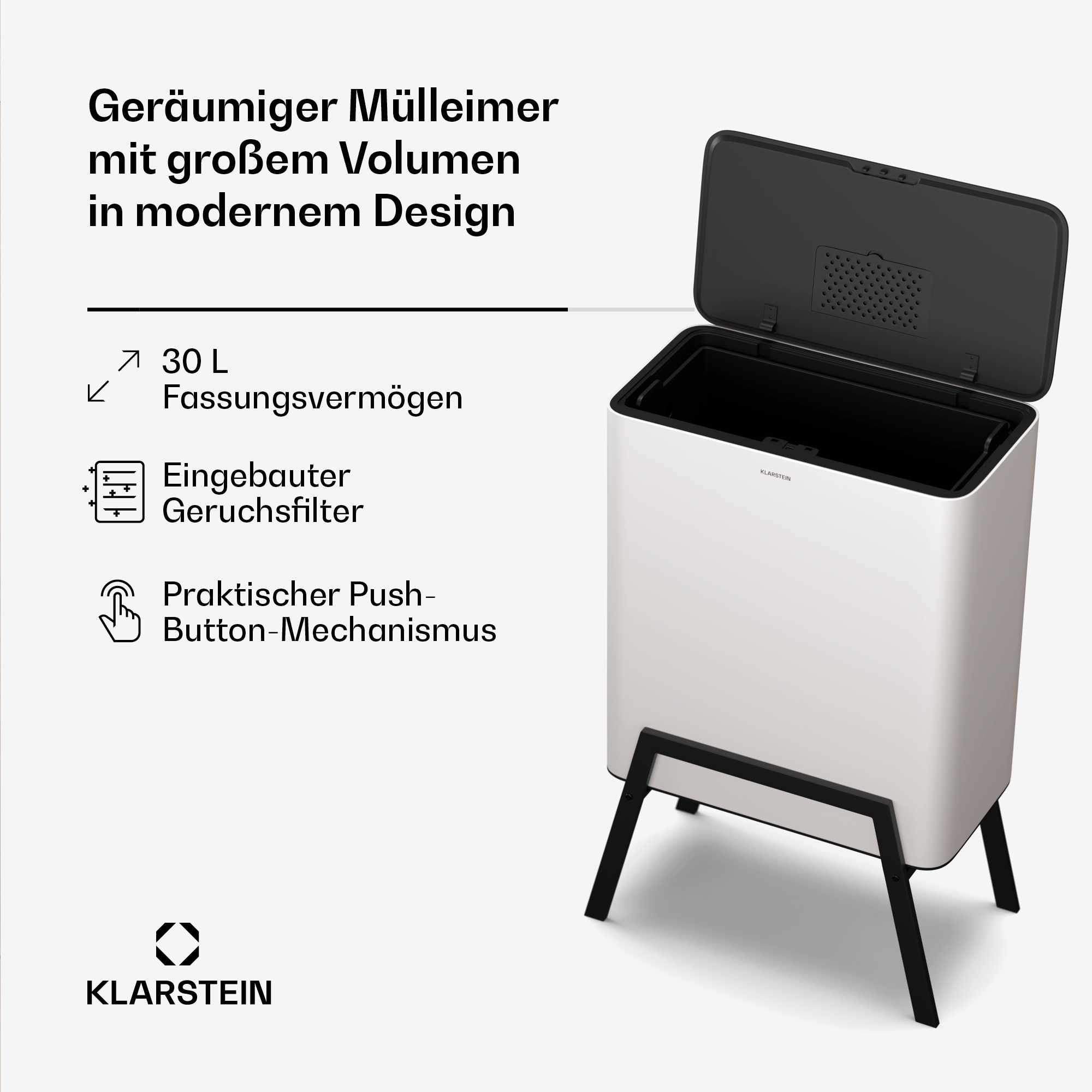 Eine weiße Mülltonne mit schwarzen Beinen. Der Text gibt Volumen, eingebauten Filter und Druckknopf an.