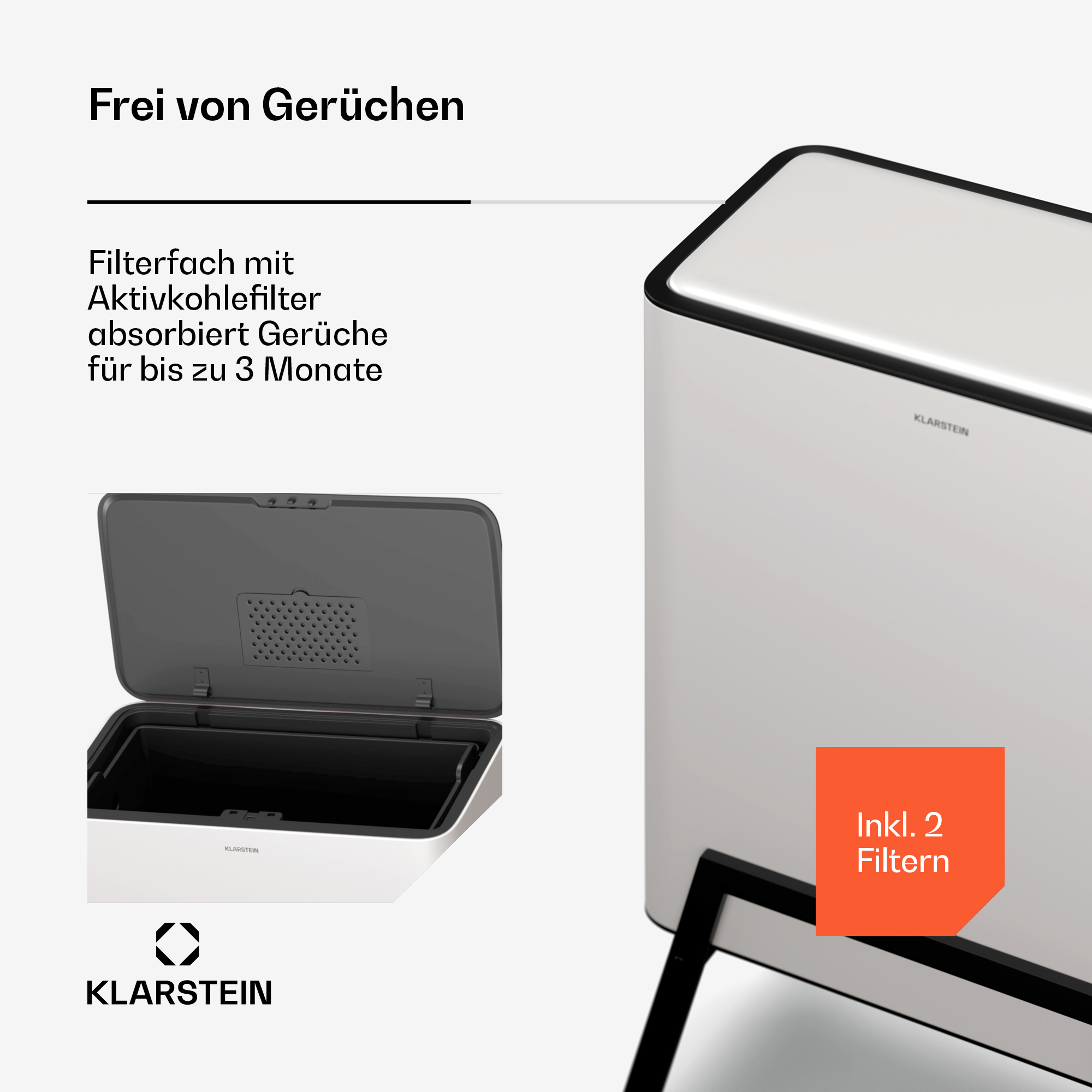 Weißer Mülleimer mit offenem Deckel und dem Text: Filterfach mit Aktivkohlefilter.